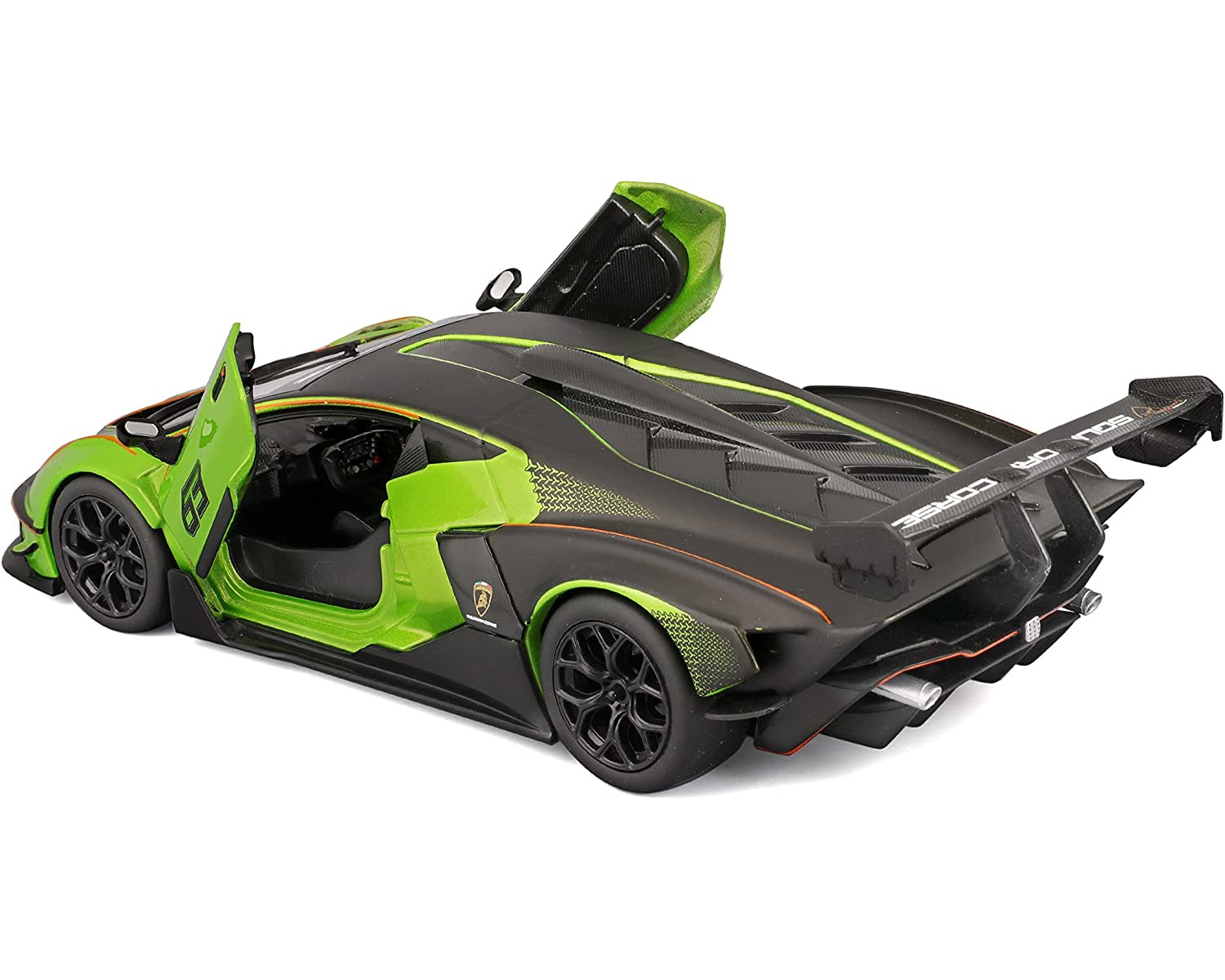 Zielono-czarne zabawki Lamborghini z otwartymi drzwiami, ukazujące wnętrze i design.