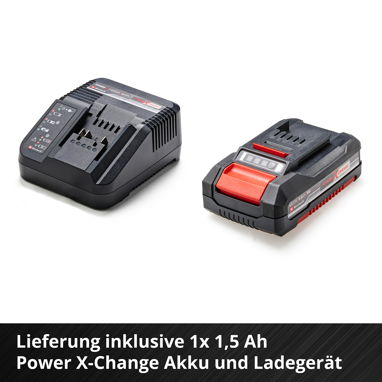 Caricabatterie nero e pacco batteria.