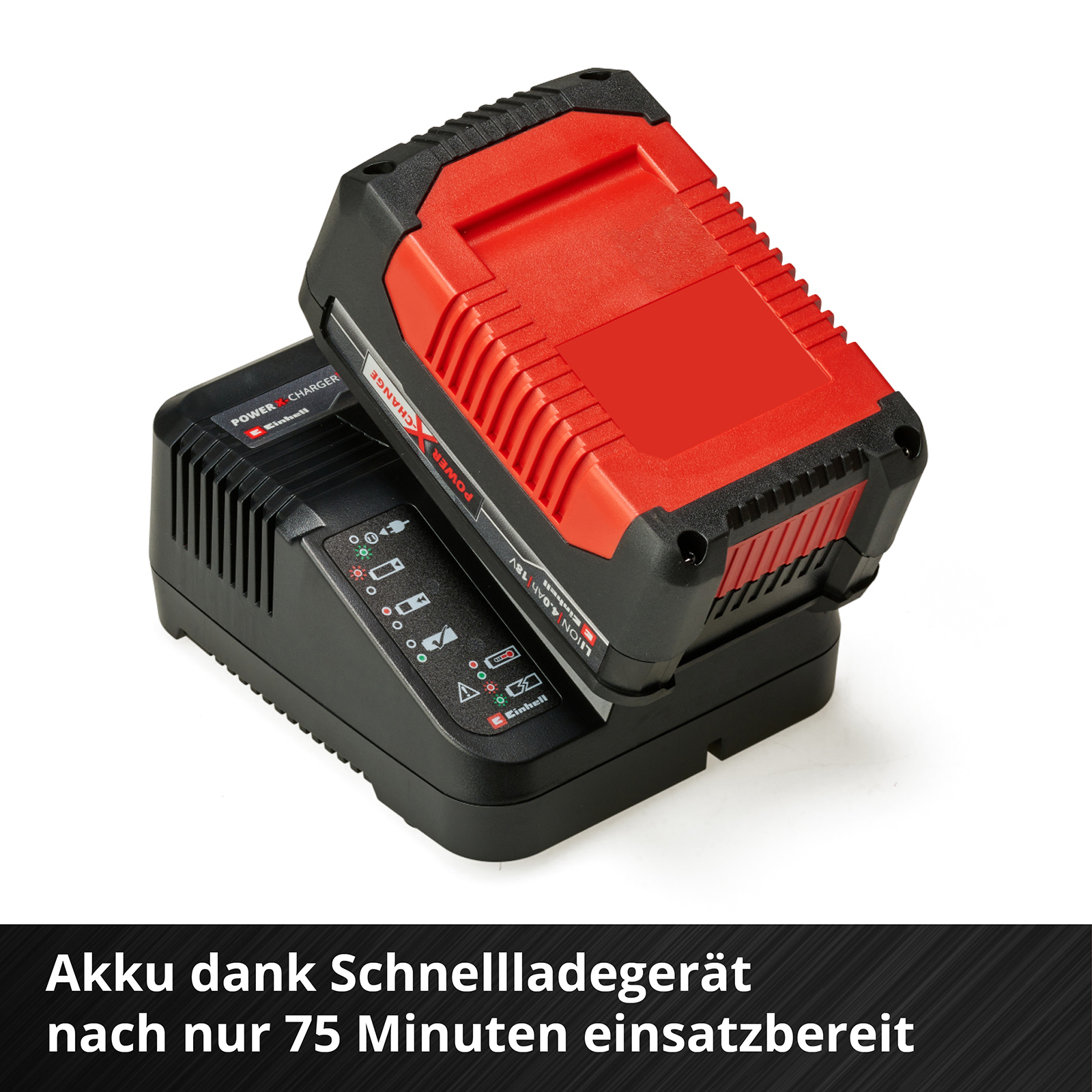 Schwarzes Ladegerät mit roter Batterie oben. Text: 'Akku in nur 75 Minuten einsatzbereit'.