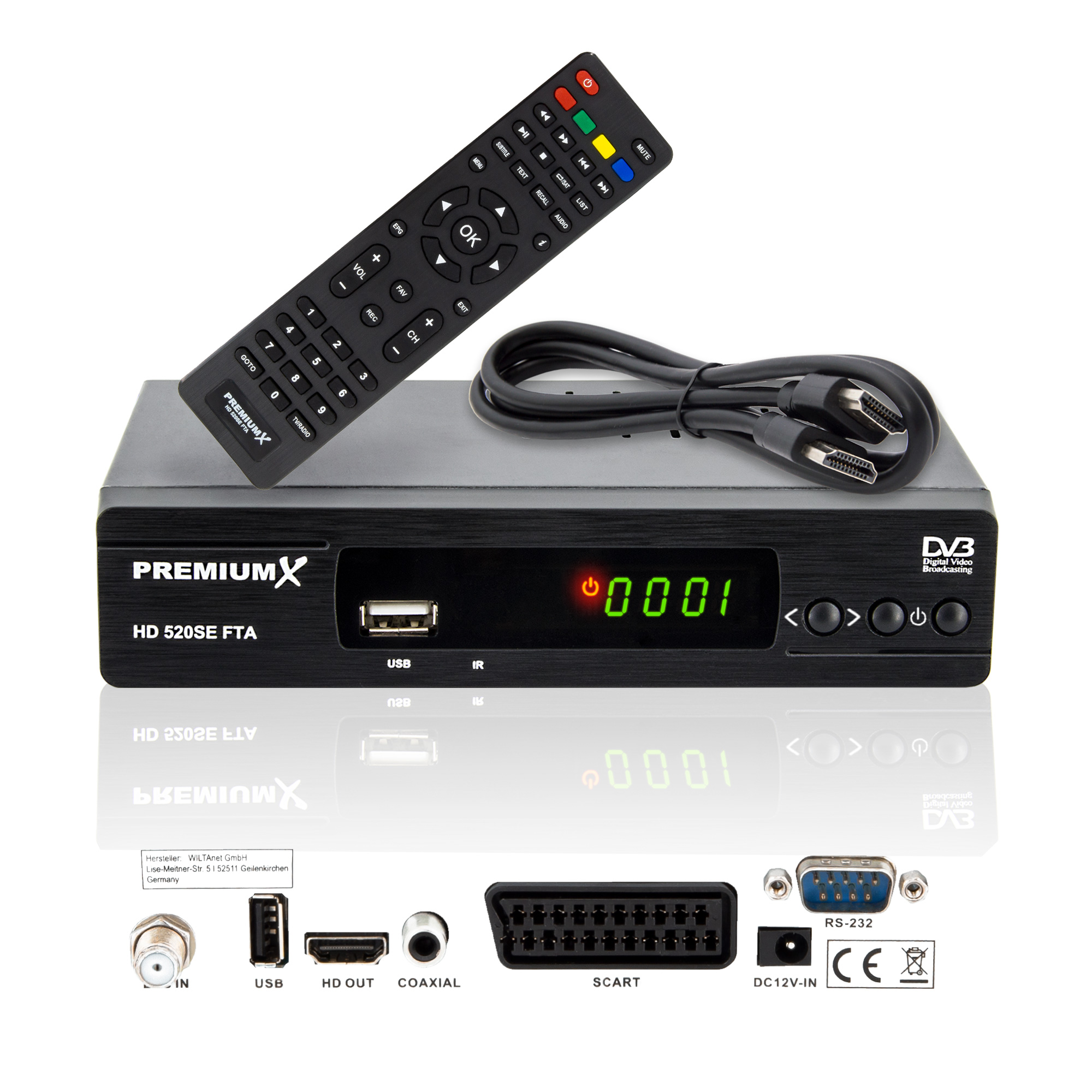 PREMIUMX HD (Schwarz) USB SCART SAT Receiver FullHD DVB-S2 FTA HD 520SE Sat Receiver Digital HDMI