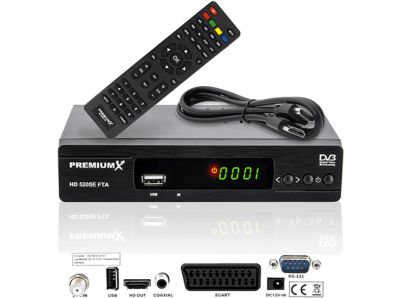 PREMIUMX HD 520SE FTA Digital SAT Receiver DVB-S2 HDMI SCART USB FullHD HD Sat Receiver (Schwarz)