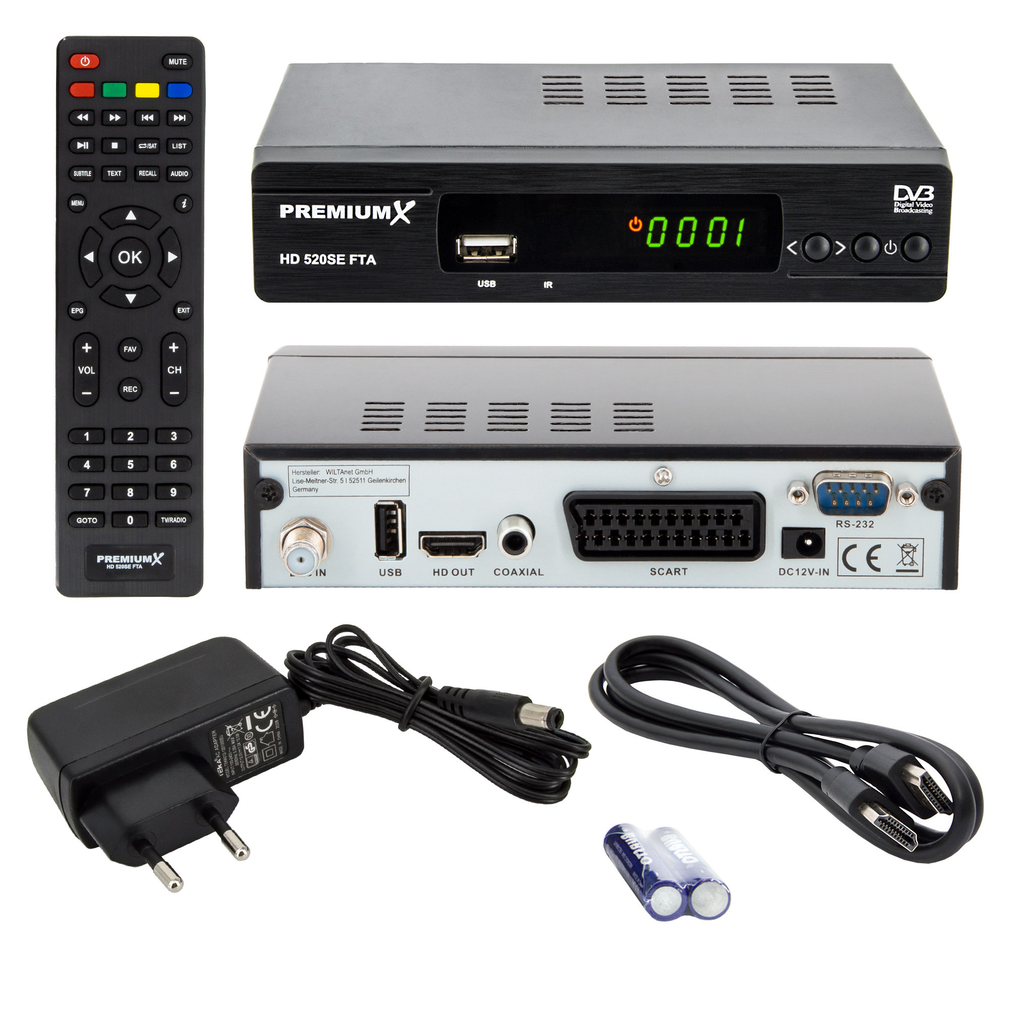 PREMIUMX HD 520SE FTA Digital Receiver FullHD DVB-S2 Receiver SAT HD HDMI (Schwarz) Sat USB SCART