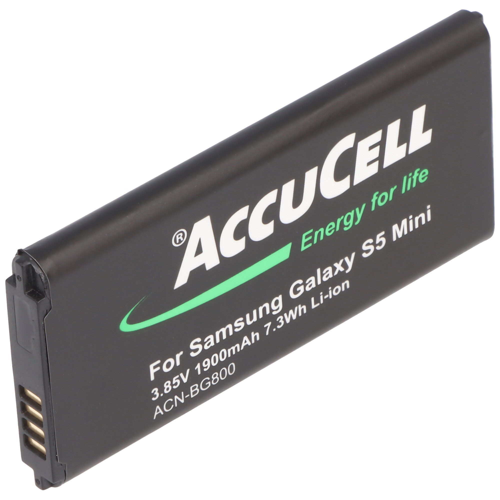 Zwarte batterij met groene tekst: Accucell, energie voor het leven, Samsung Galaxy S5 Mini, 7,3 Wh Li-ion.