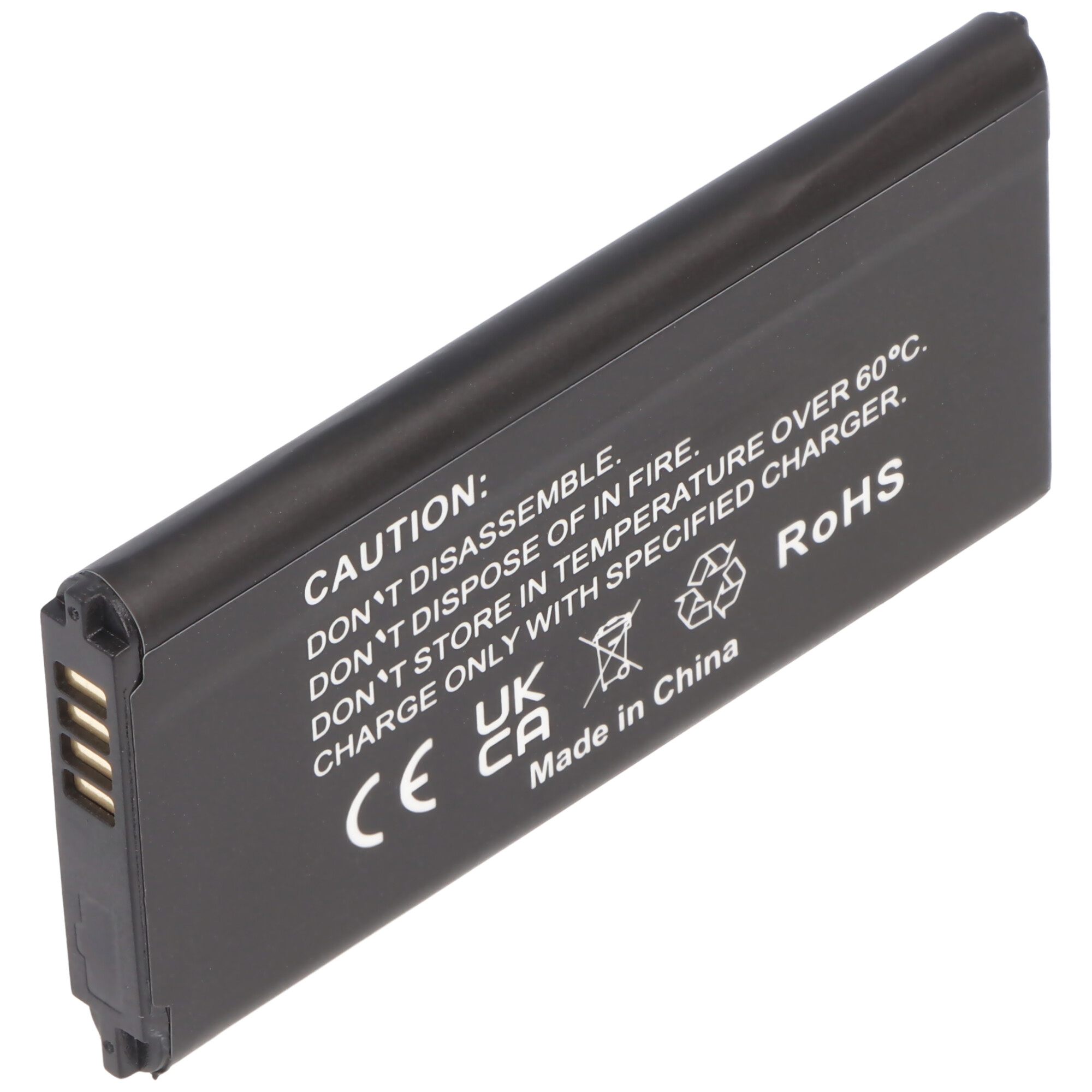 Een zwarte batterij met tekst. Voorzichtigheid en waarschuwingen zijn op het oppervlak van de batterij gedrukt.