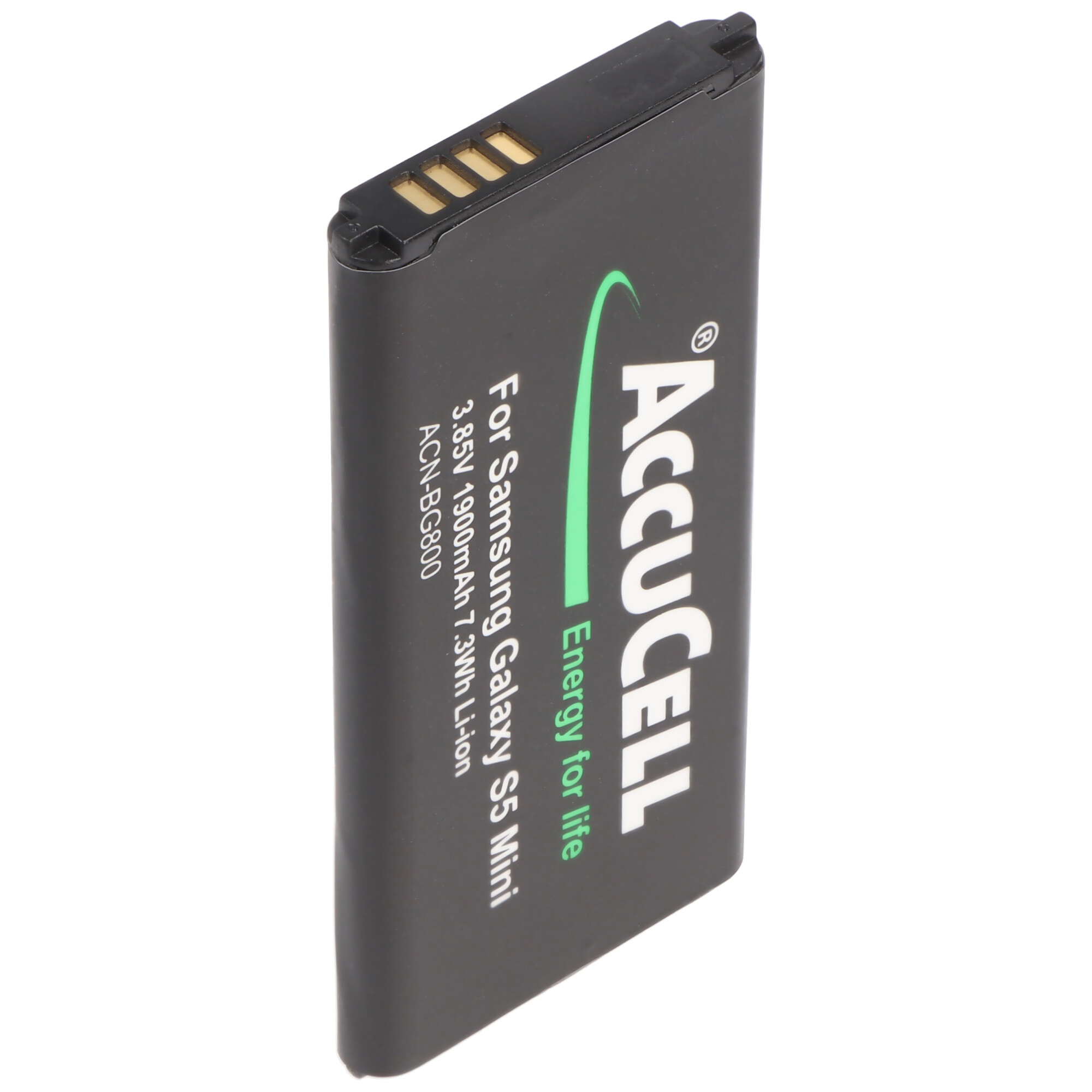 Zwarte AccuCell-batterij voor Samsung Galaxy S5 Mini. Groene en witte tekst is op de batterij gedrukt.