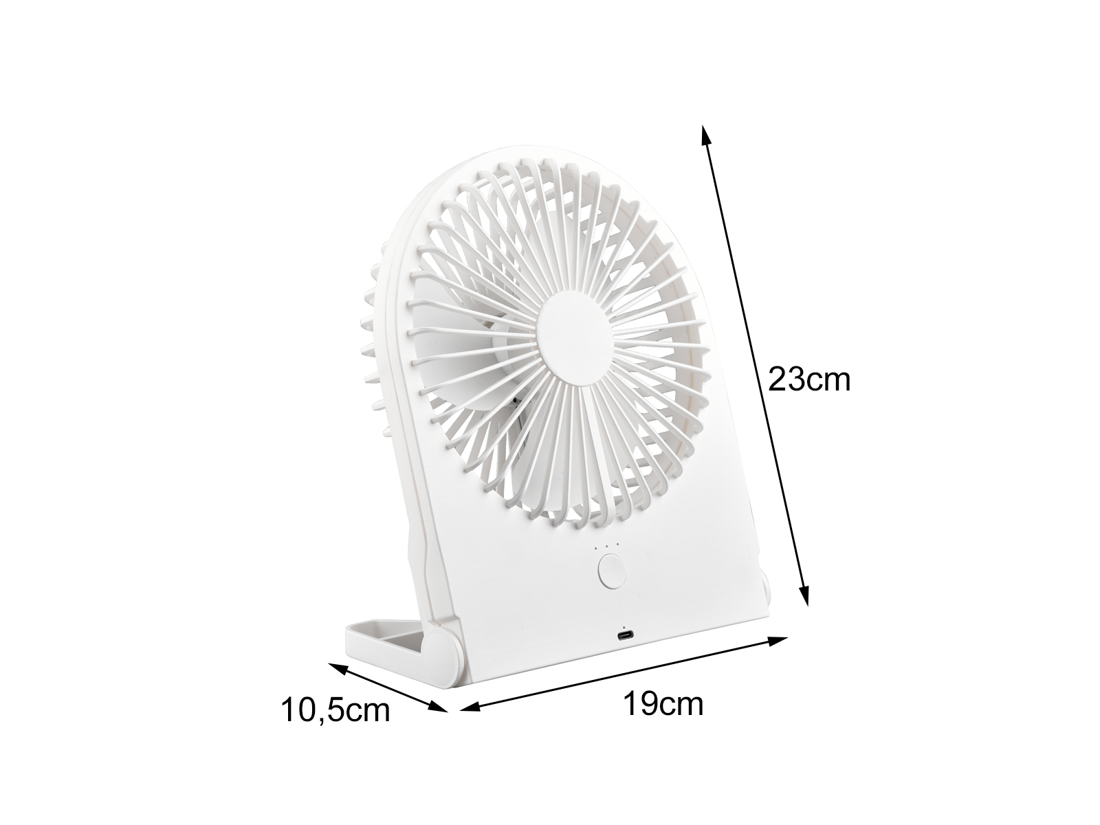 Weißer tragbarer Ventilator mit Maßen. Lüfterflügel sichtbar. Maße angegeben.