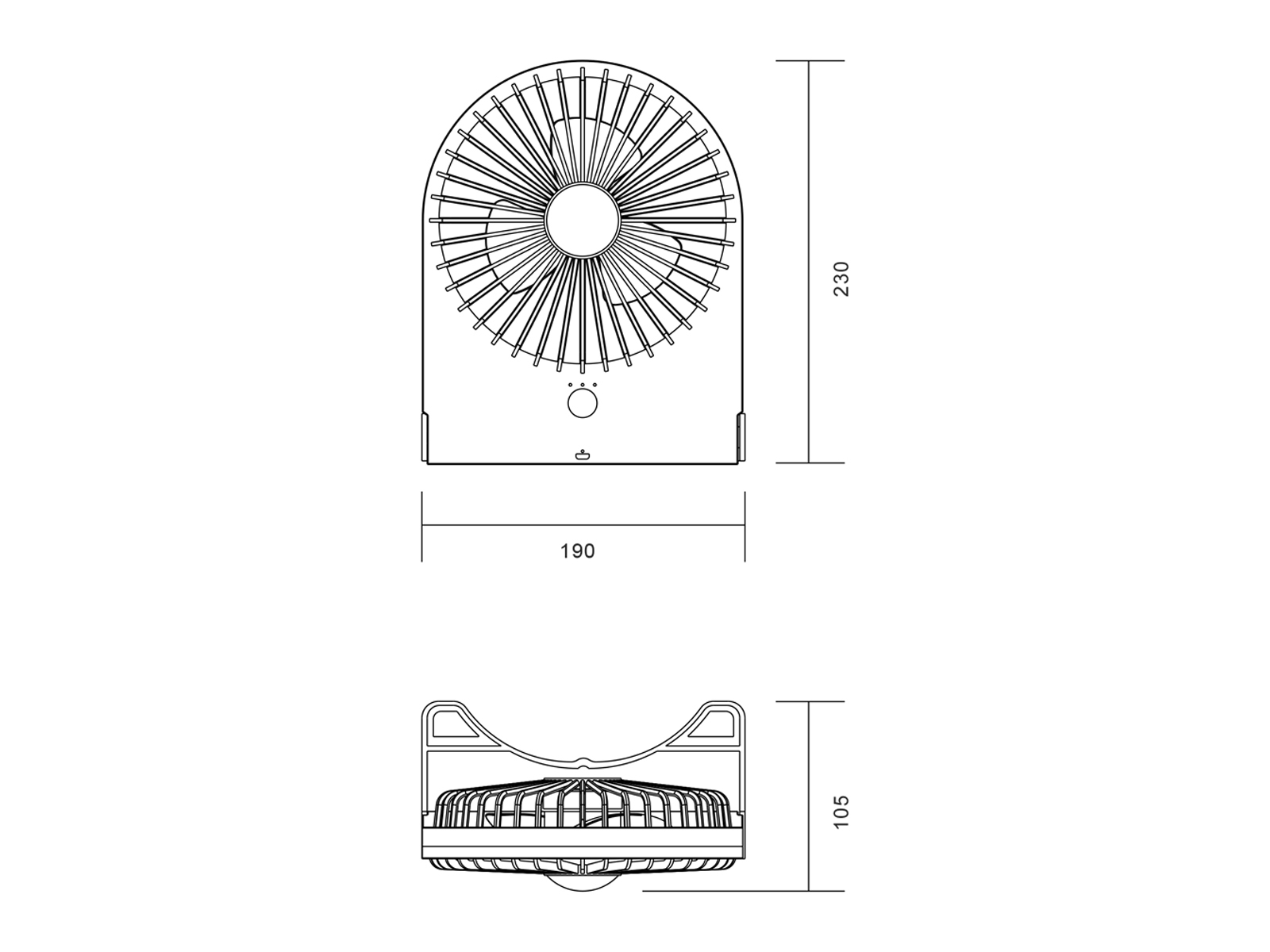 Ein weißer, rechteckiger Ventilator mit angezeigten Abmessungen. Der Ventilator ist in Draufsicht und Seitenansicht.