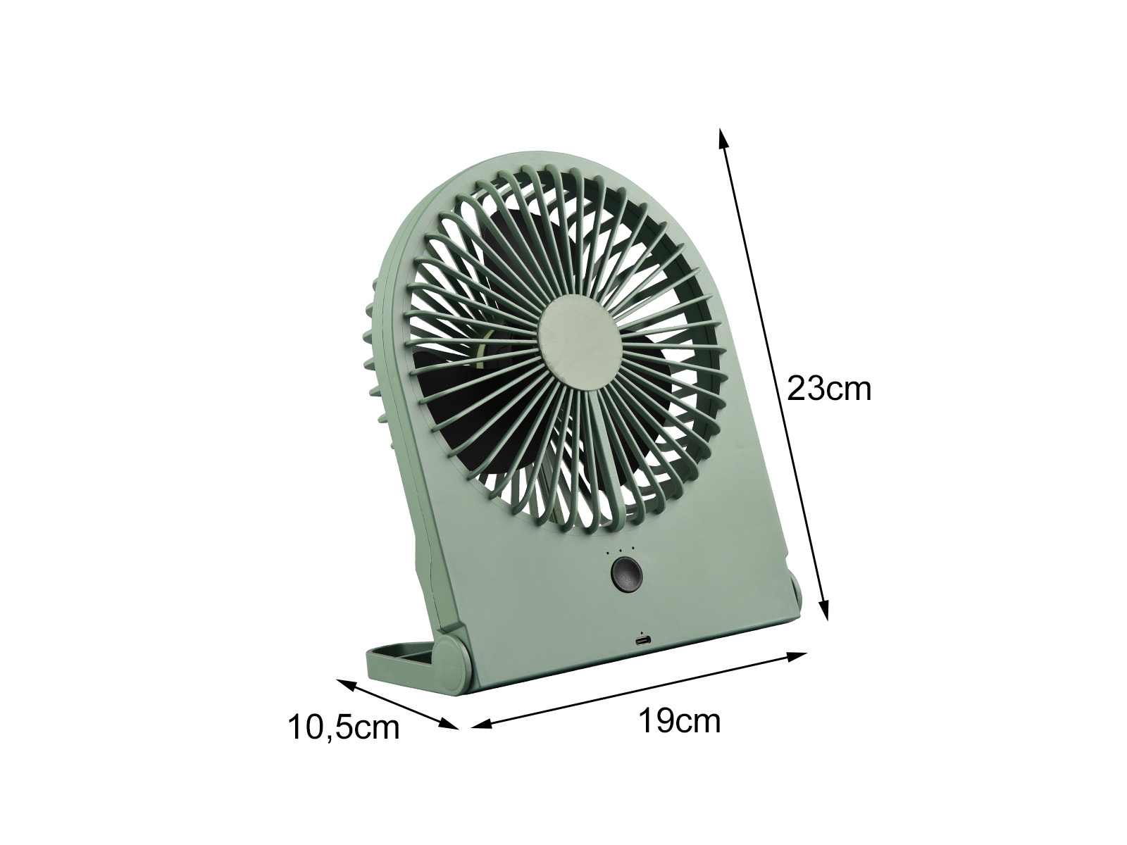 Ein grüner tragbarer Ventilator mit beschrifteten Abmessungen, auf weißem Hintergrund.