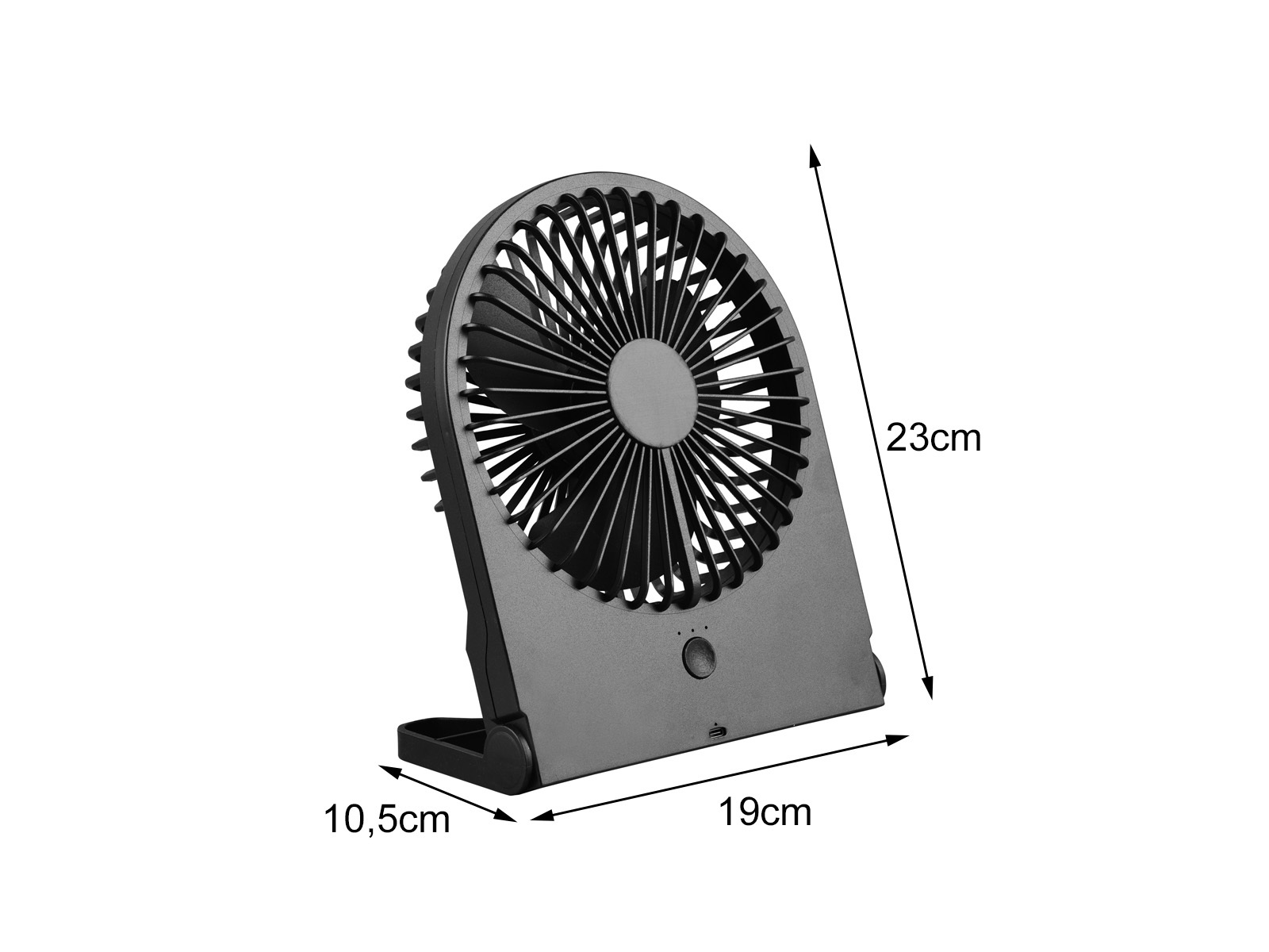 Grauer tragbarer Ventilator, Abmessungen gezeigt, auf weißem Hintergrund.