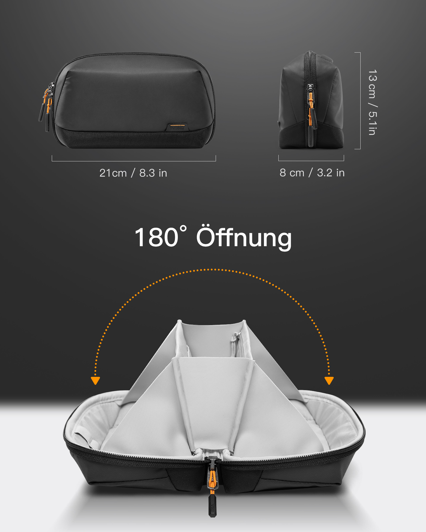 Eine schwarze Reisetasche, offen und das Innere zeigend. Abmessungen sind angegeben: 21cm x 8cm x 18cm.