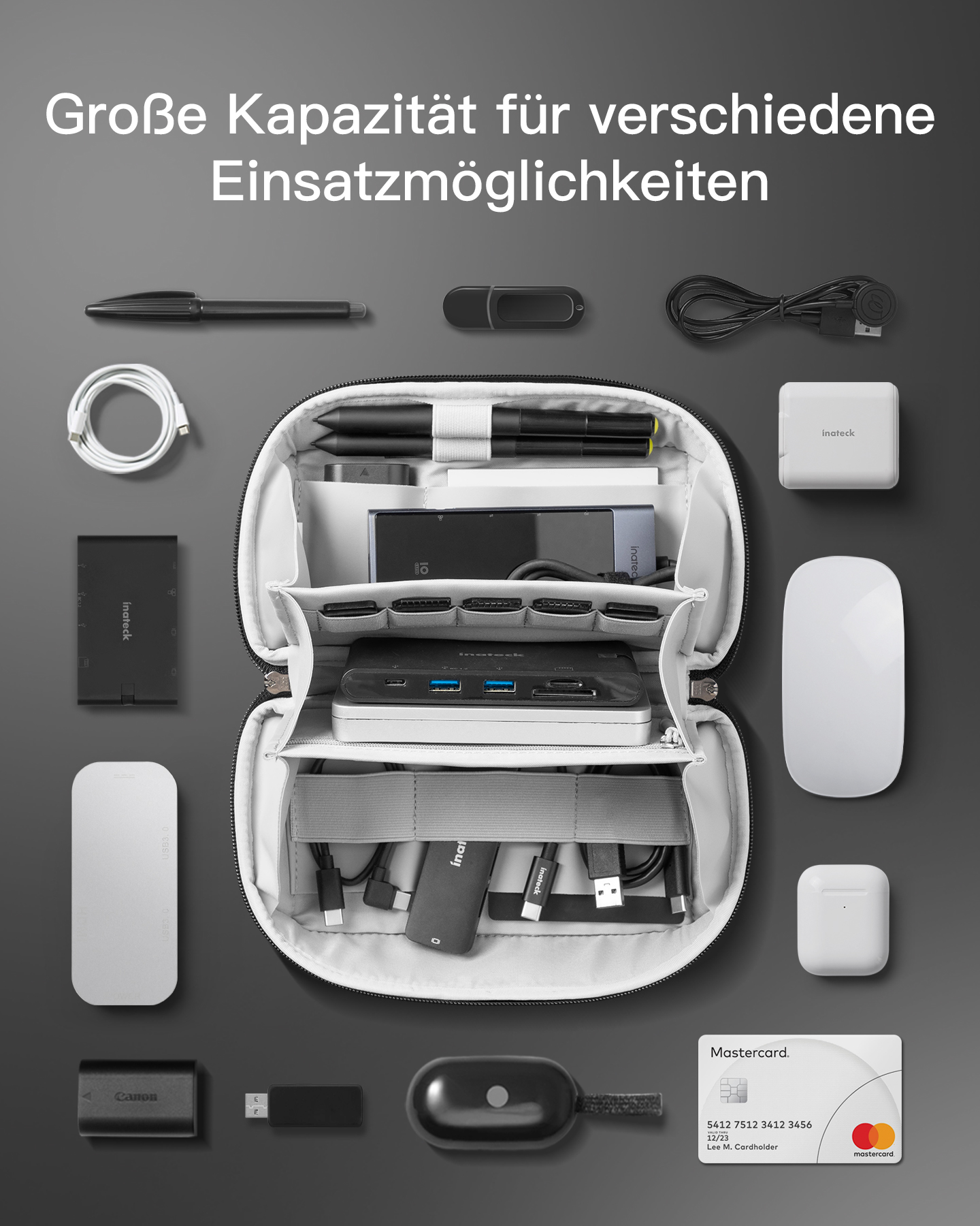 Organizer mit verschiedenen technischen Artikeln: Stift, Maus, Ladegerät, Kabel und Kreditkarte.