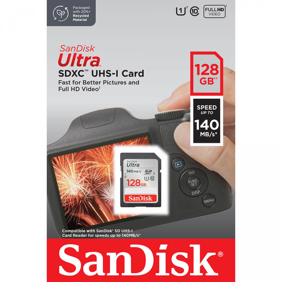 Carte SanDisk Ultra SDXC dans l'appareil photo. Emballage indique 128 Go et 140 Mo/s.
