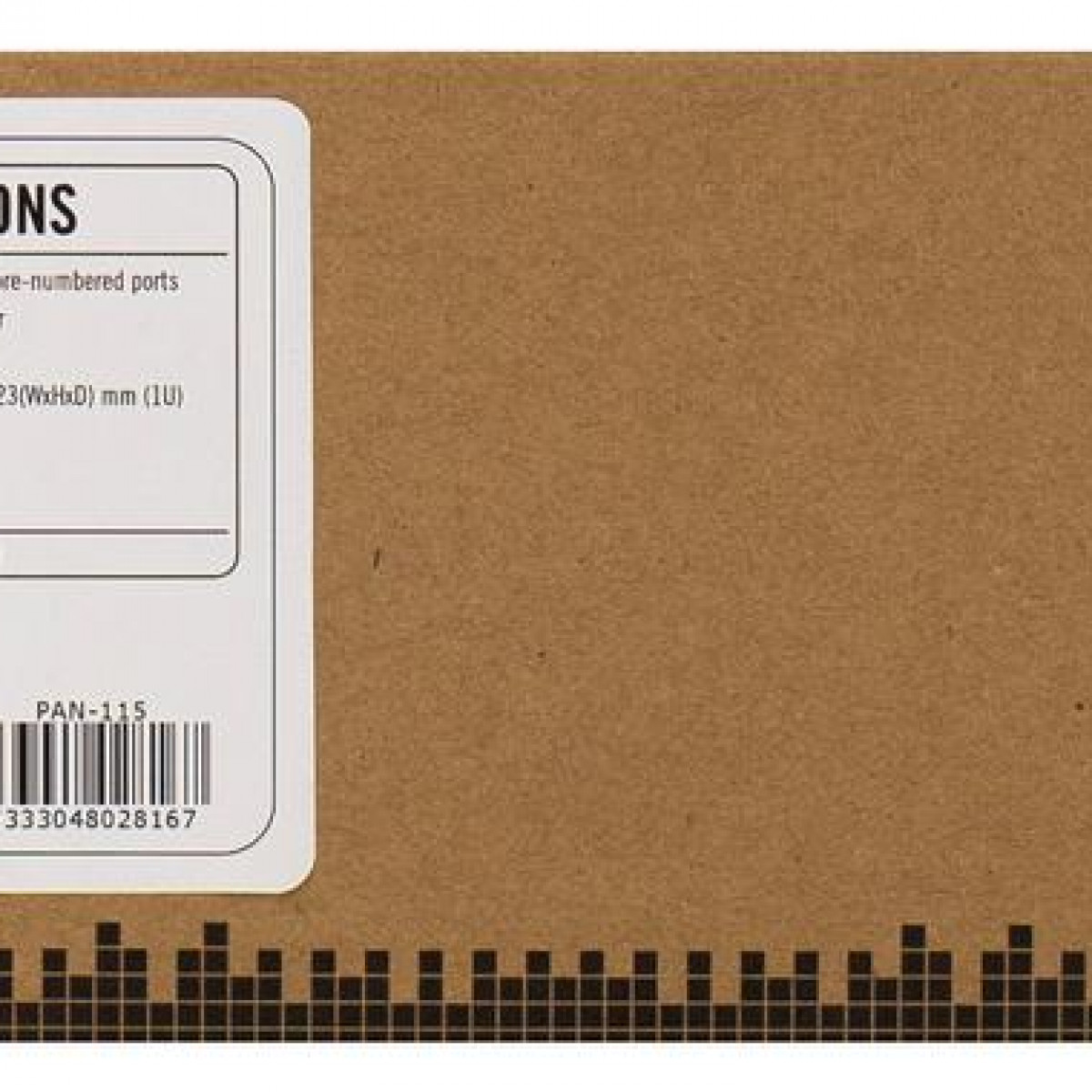 Ein brauner Karton mit weißem Etikett und Barcode. Die Box hat etwas Text.