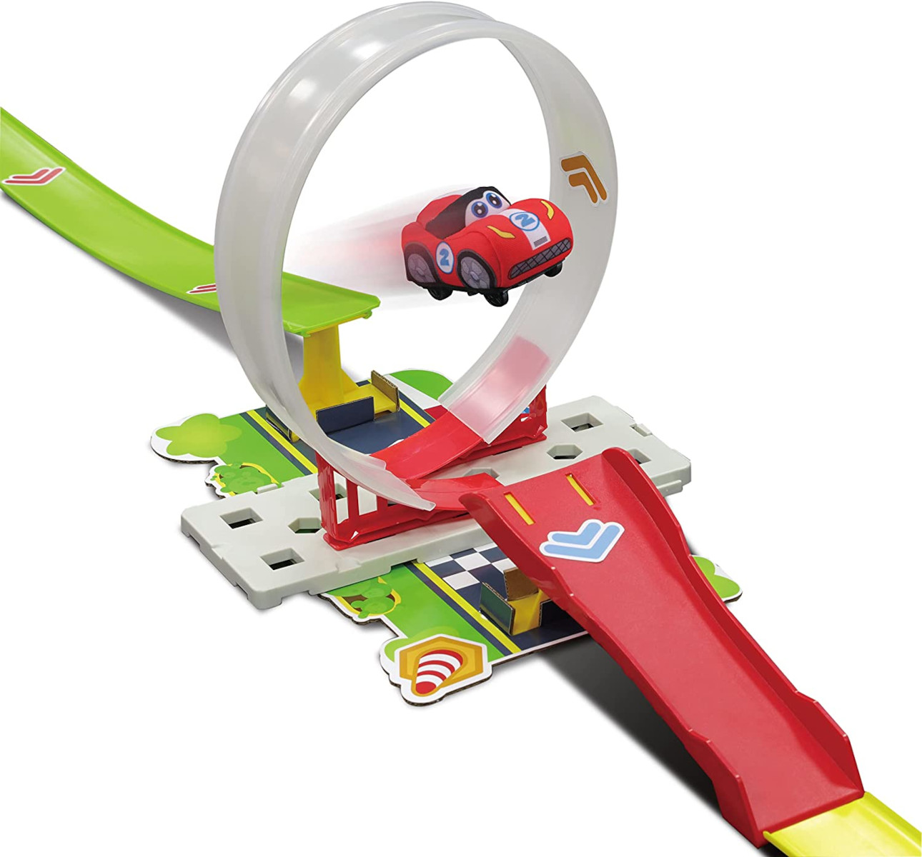 Spielzeug-Rennstrecke mit rotem Auto. Grüne und rote Bahnen, eine Schleife und eine Rampe sichtbar.