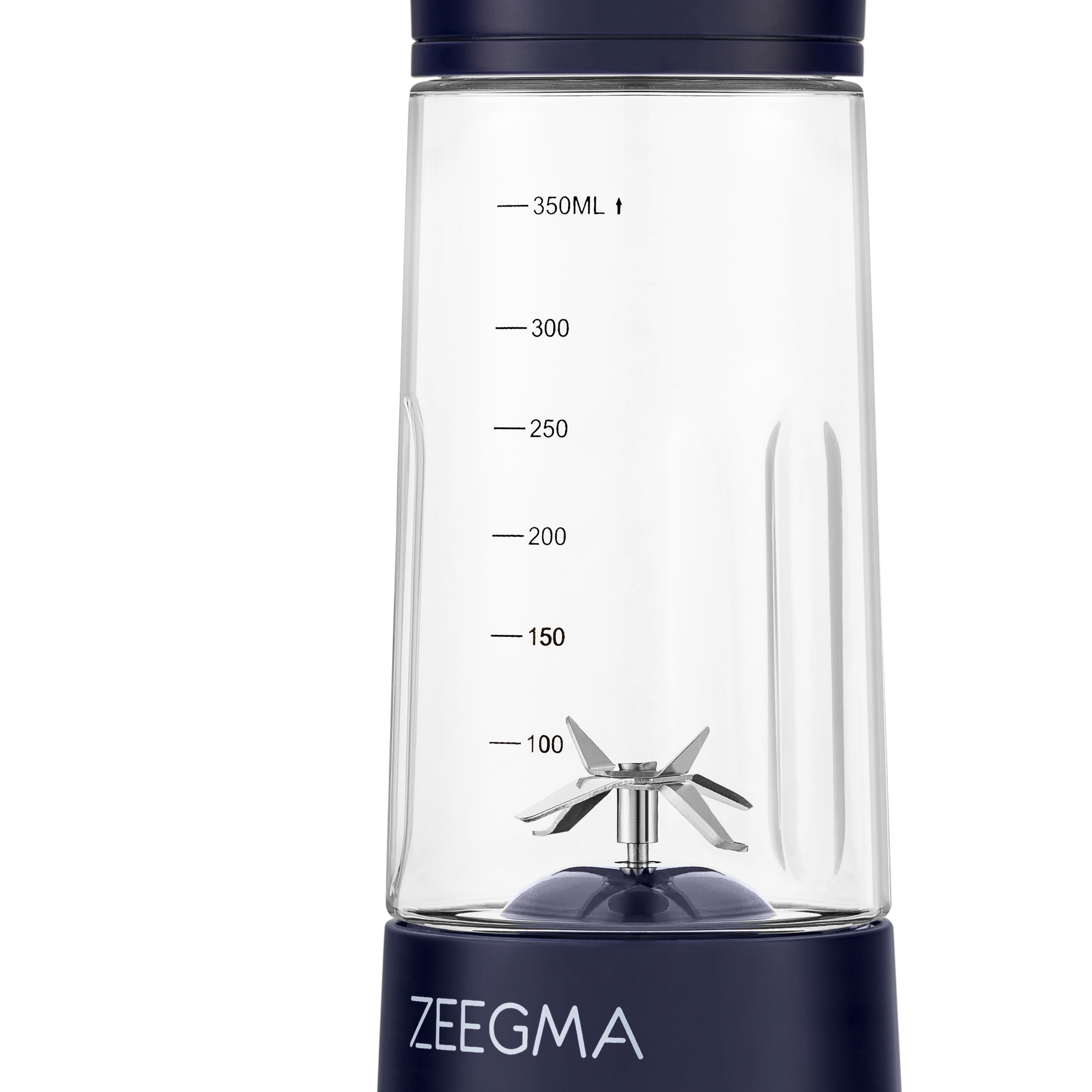 Przezroczysty słoik do blendera z ostrzem w środku, z miarami i marką Zeegma.