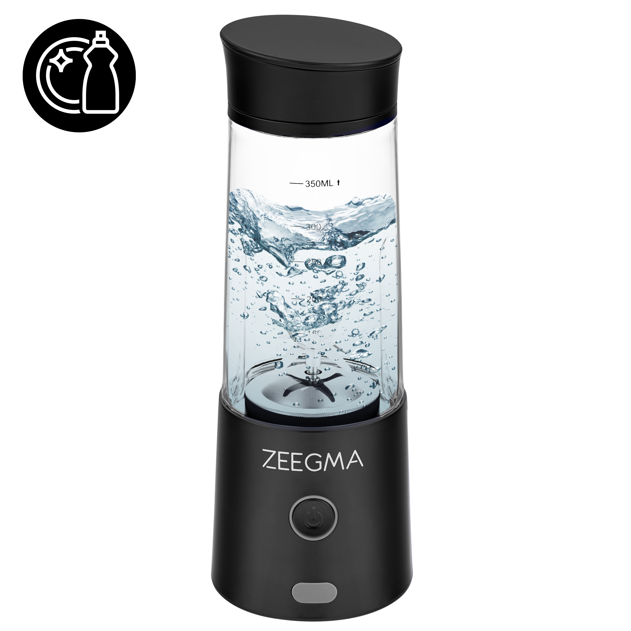Przenośny blender Zeegma z wodą i ostrzem, czarna podstawa.