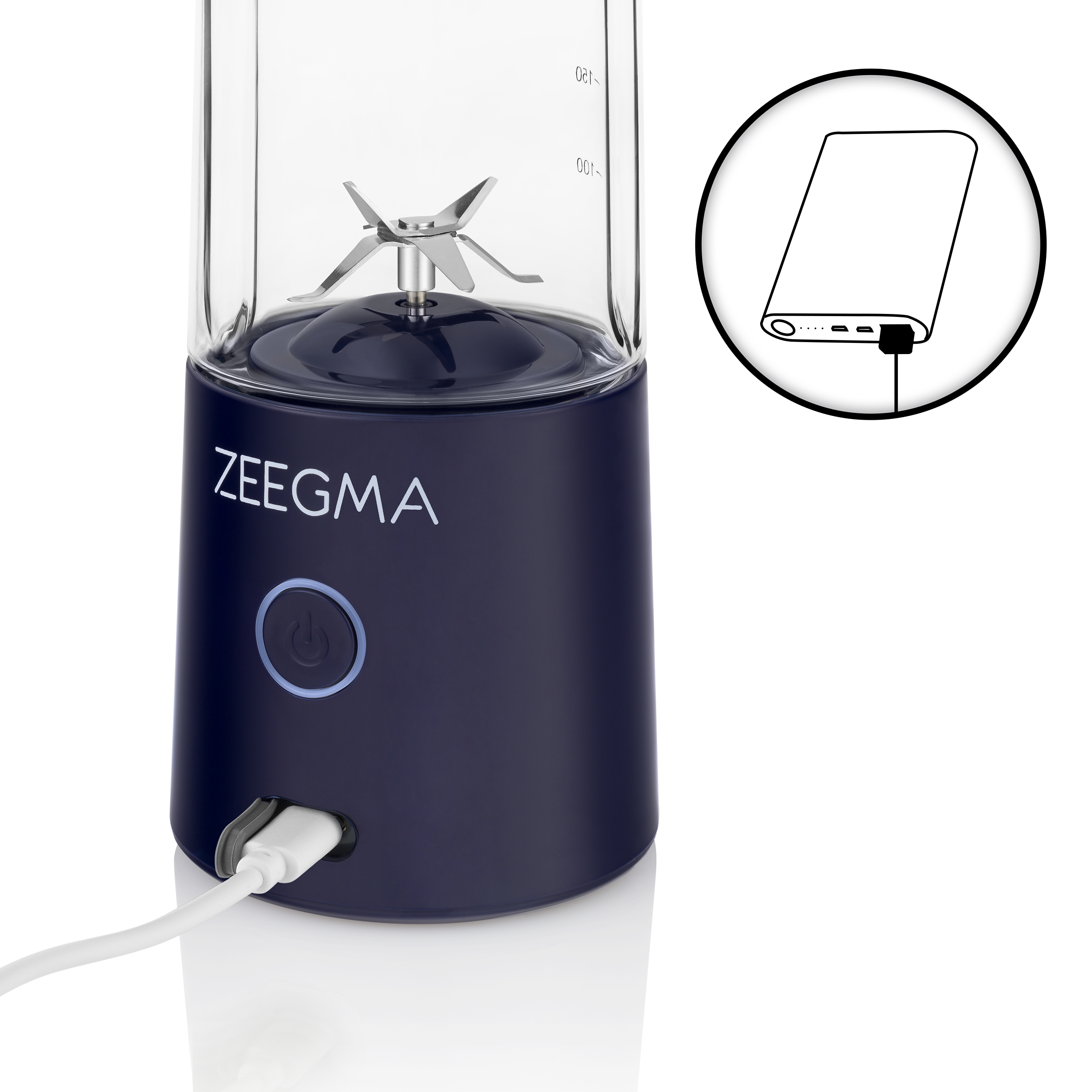 Niebieski i przezroczysty blender z portem ładowania USB-C. Diagram pokazuje połączenie portu.