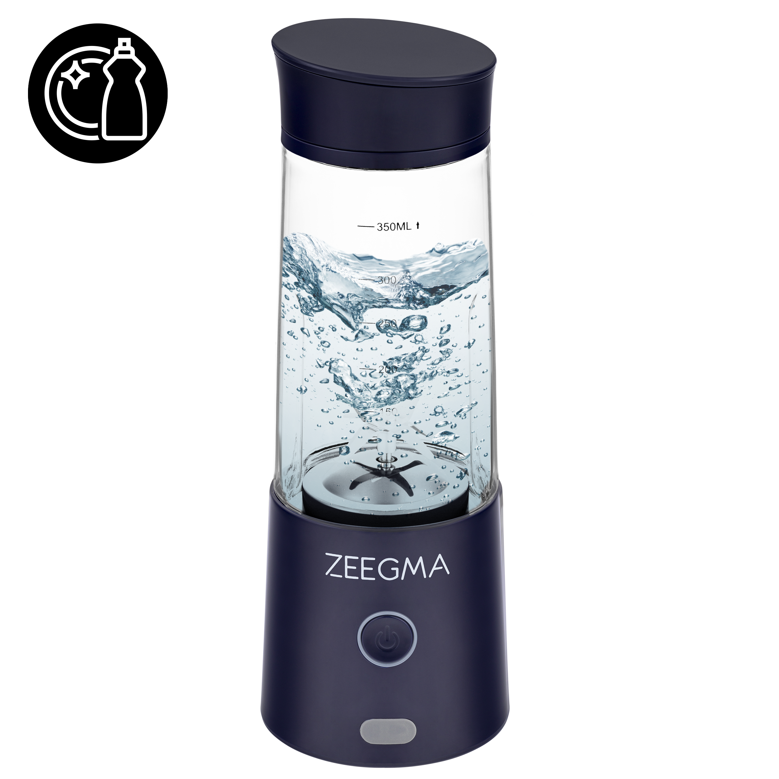 Blender Zeegma z wodą w środku i ikoną zmywarki. Ma niebieską podstawę.