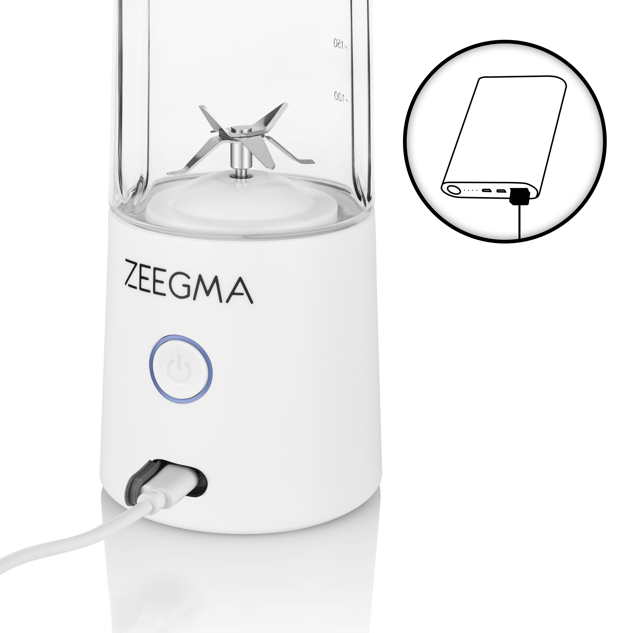 Biały blender Zeegma z portem ładowania USB-C i szczegółami ostrza.