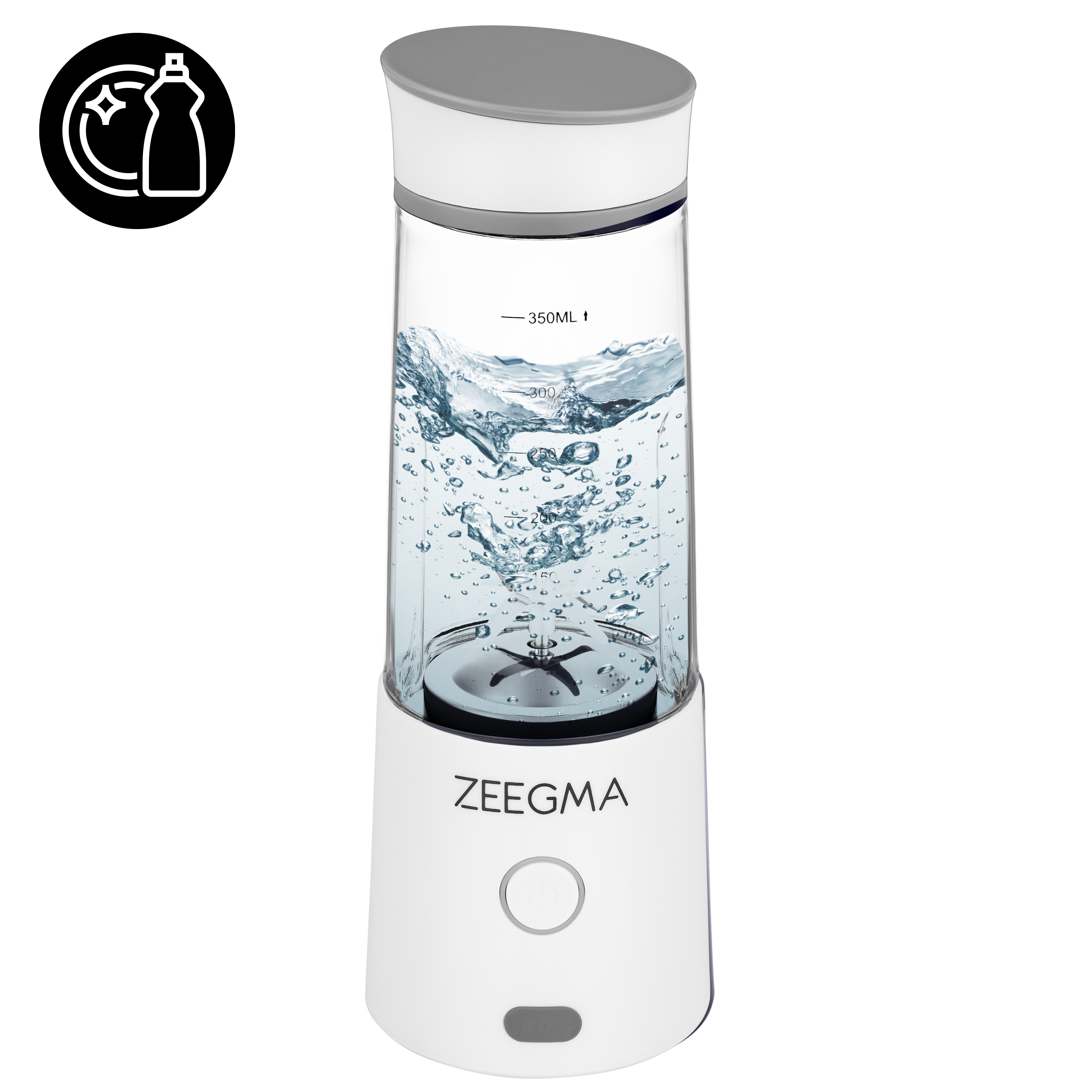 Biały i przezroczysty blender z niebieską wodą, białą podstawą i szarą górą z logo.