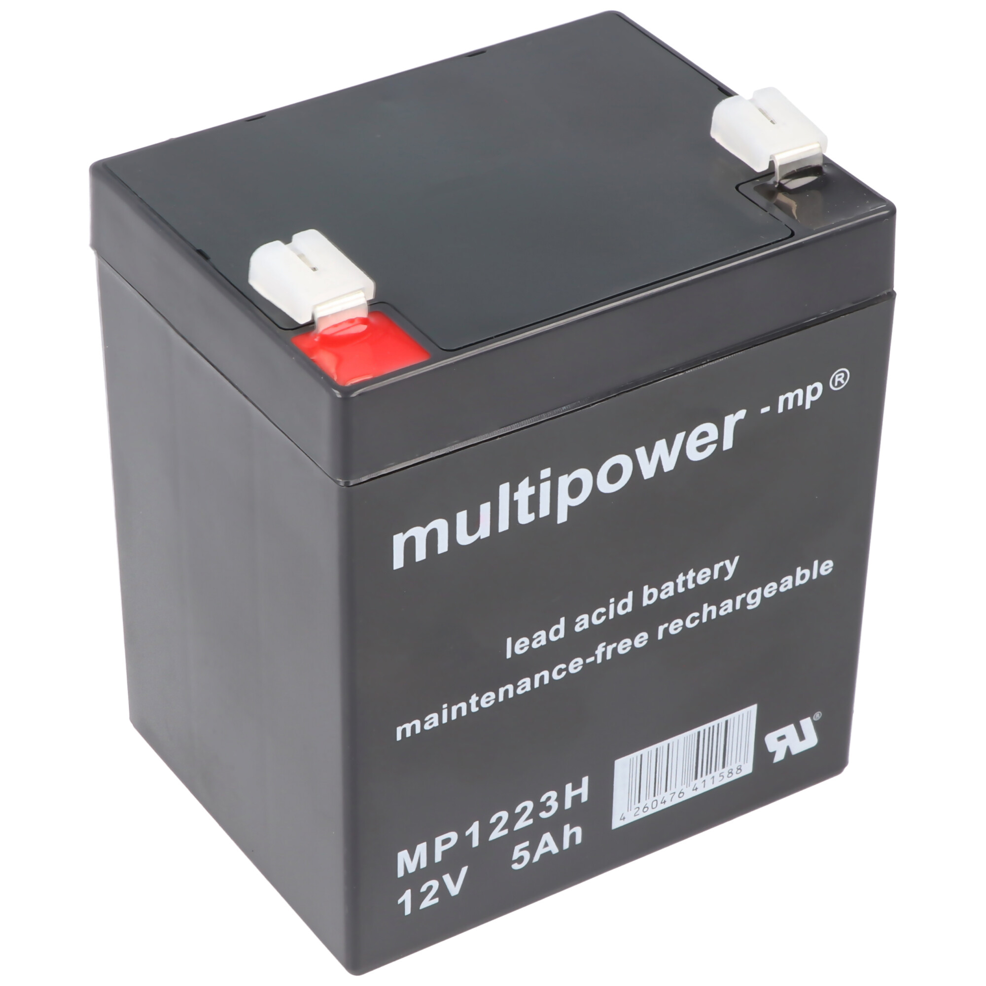 Schwarze rechteckige Multipower-Batterie, weißer Text, roter Deckel, weißer Hintergrund. 12V 5Ah.
