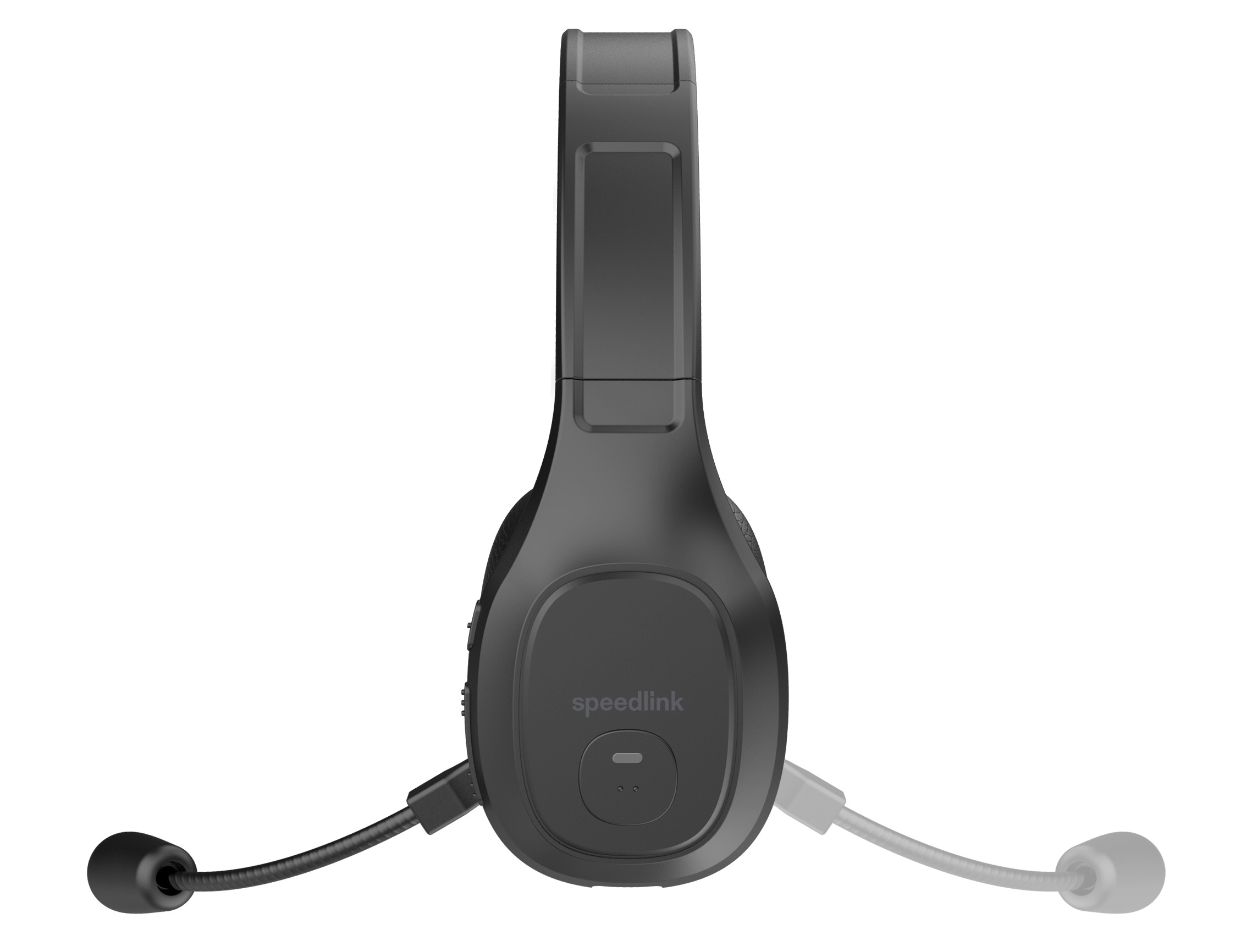 Schwarzes Speedlink-Headset mit zwei Mikrofonen, auf weißem Hintergrund.