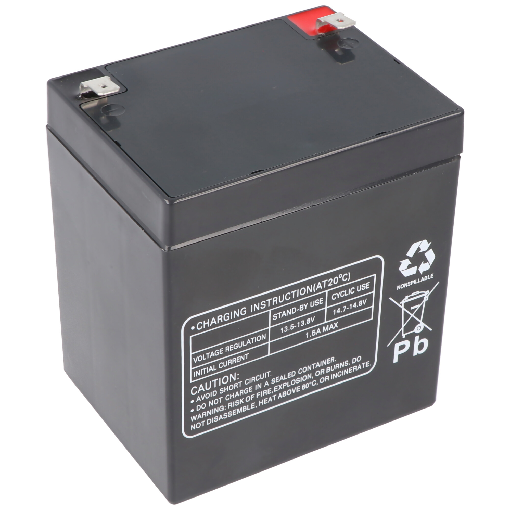 Schwarze quadratische Batterie mit Etikett und Warnhinweisen, Standby-Nutzungsdetails.