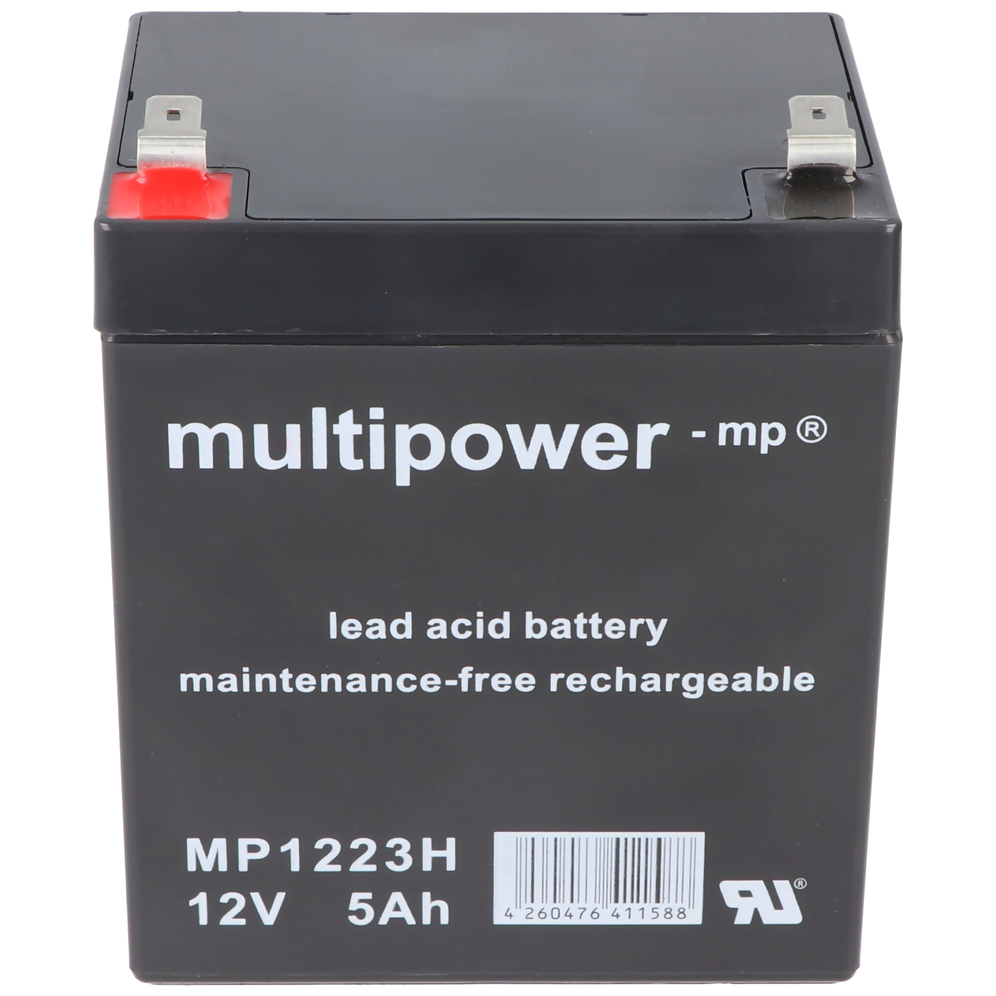 Schwarze rechteckige 'multipower -mp' Blei-Säure-Batterie. Text enthält '12V 5Ah'.