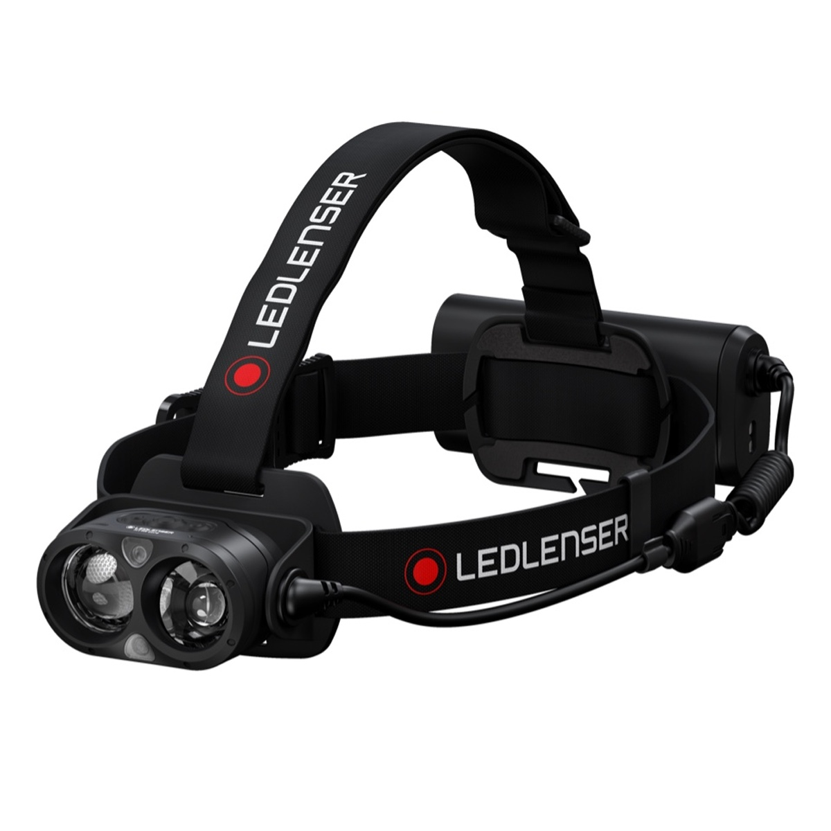 Faro nero con fascia e due luci. Sulla fascia è scritto "LEDLENSER".