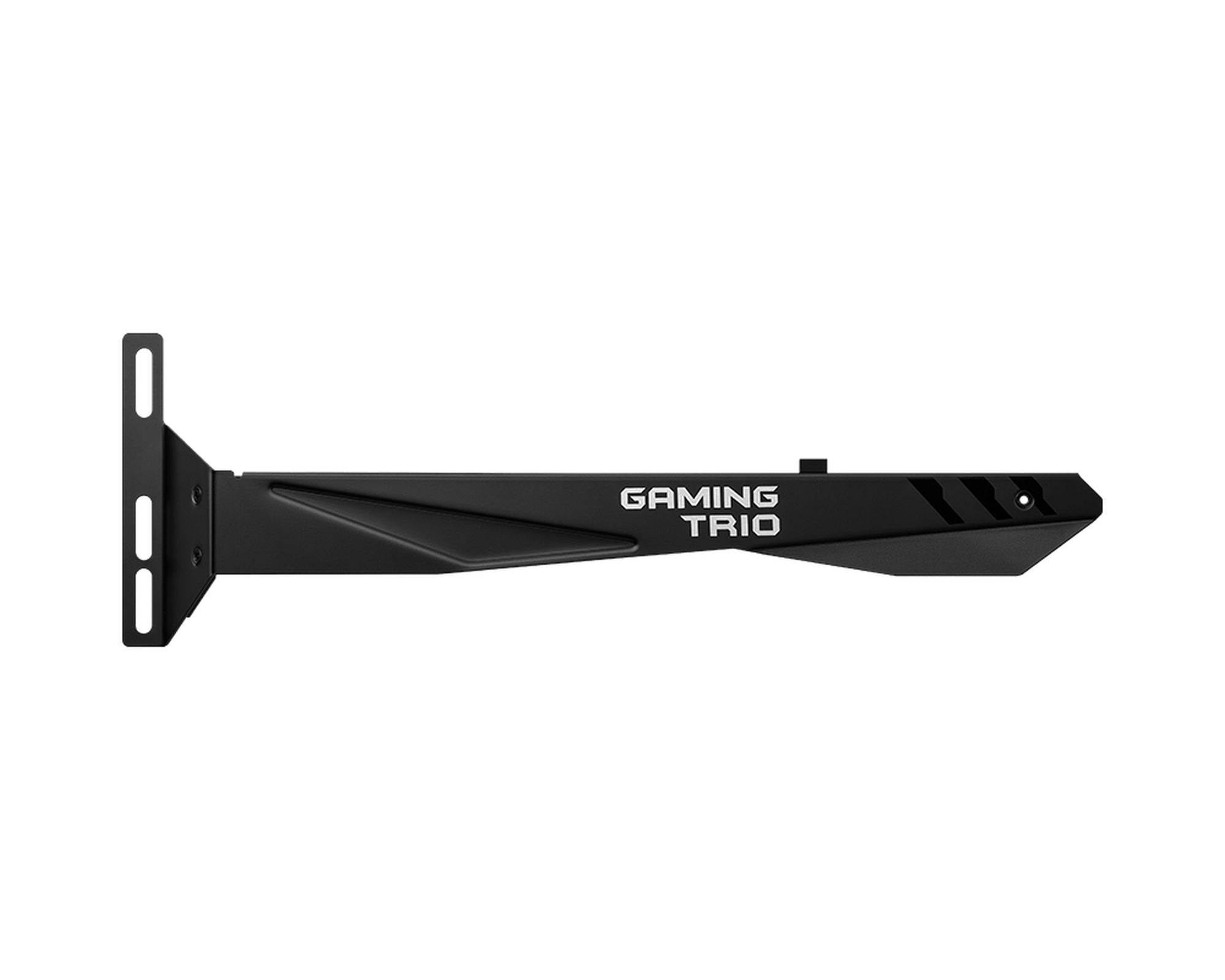 Schwarzer Grafikkarten-Halter mit 'GAMING TRIO'-Text. Es ist auf weißem Hintergrund.