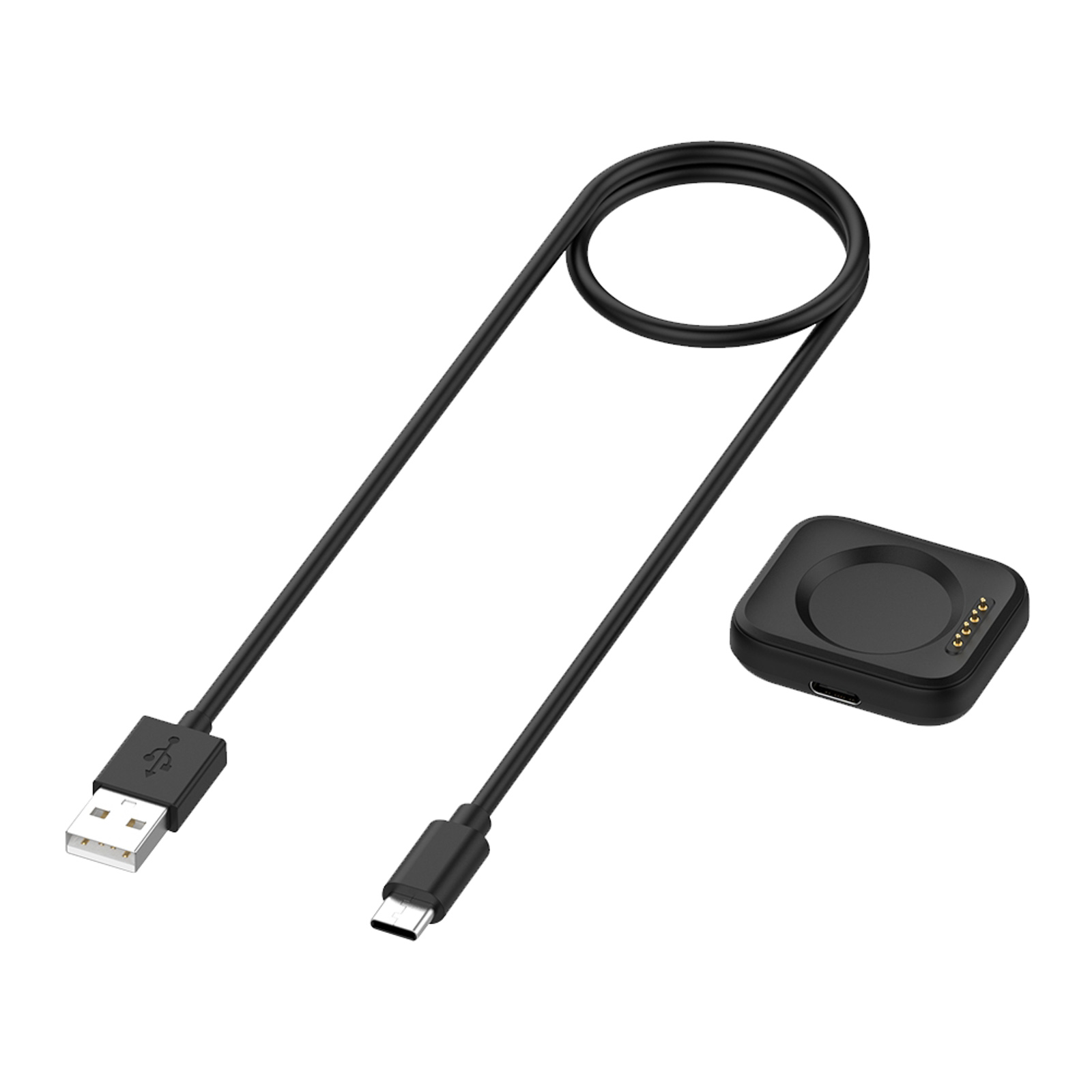 Cavo e base di ricarica neri per uno smartwatch.