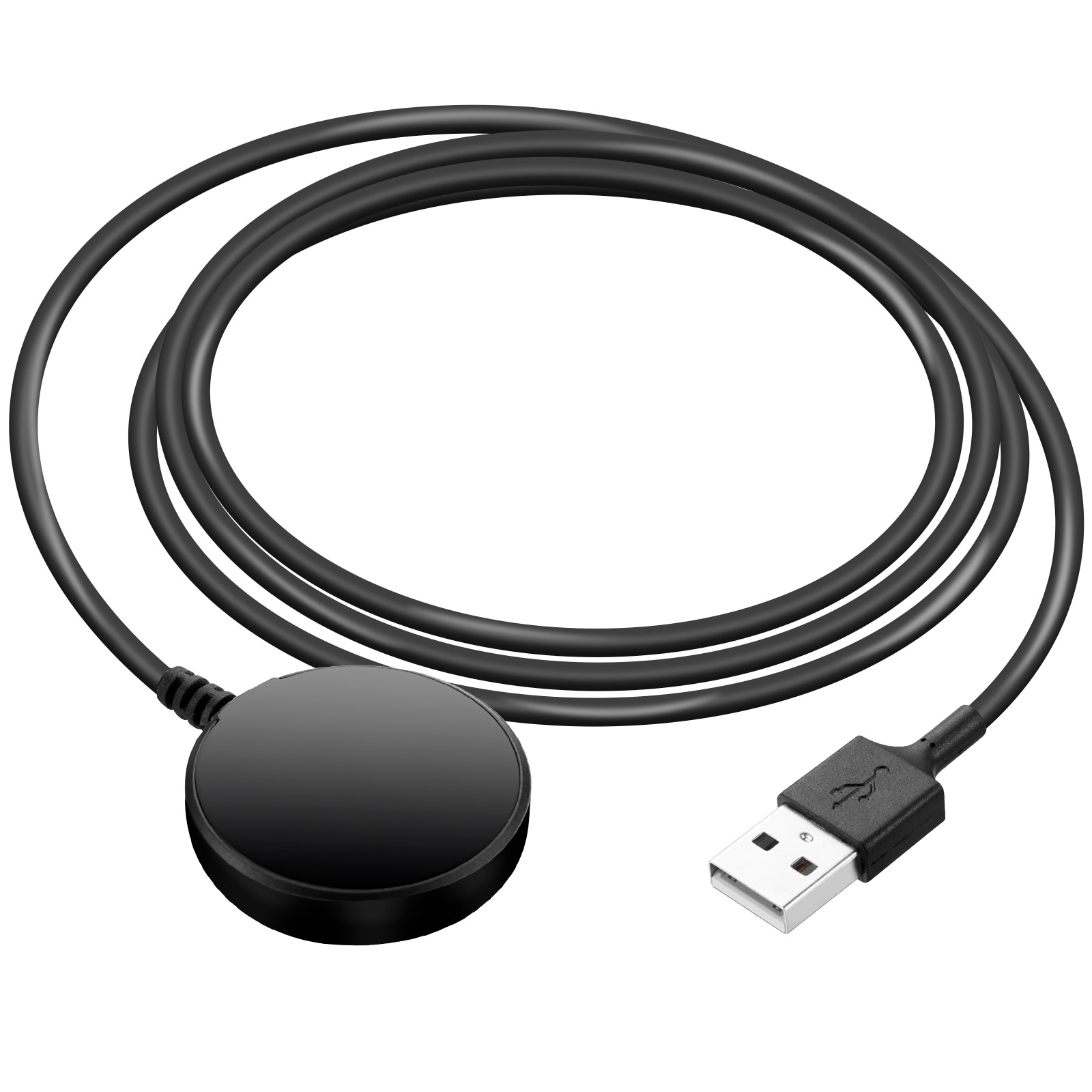 Cavo di ricarica nero con un pad di ricarica rotondo e un connettore USB.