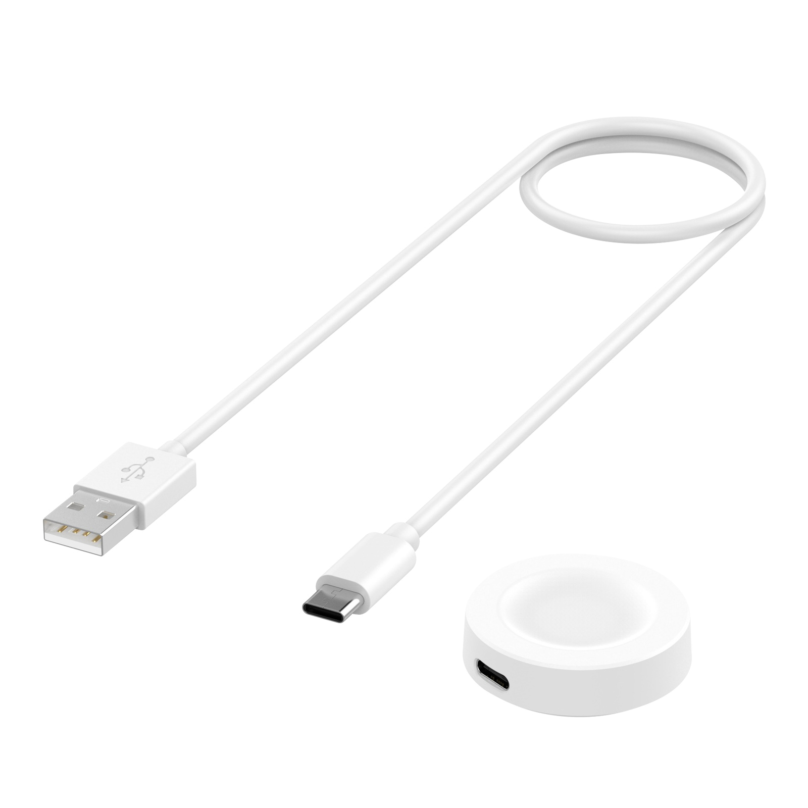 Weißes USB-Ladekabel und eine weiße kreisförmige Ladestation. Isoliert auf weißem Hintergrund.