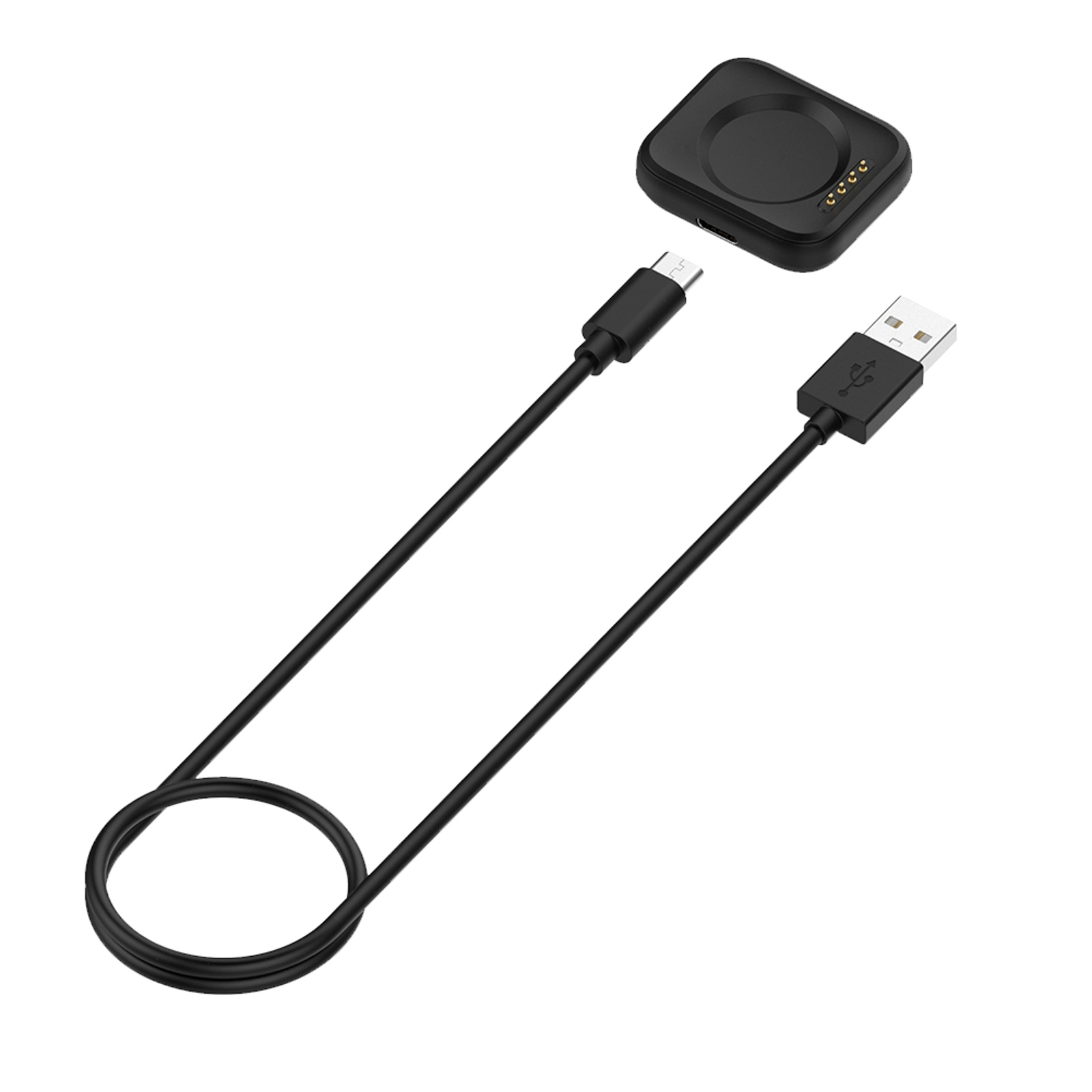Base di ricarica e cavo, con connettore USB e USB-C.