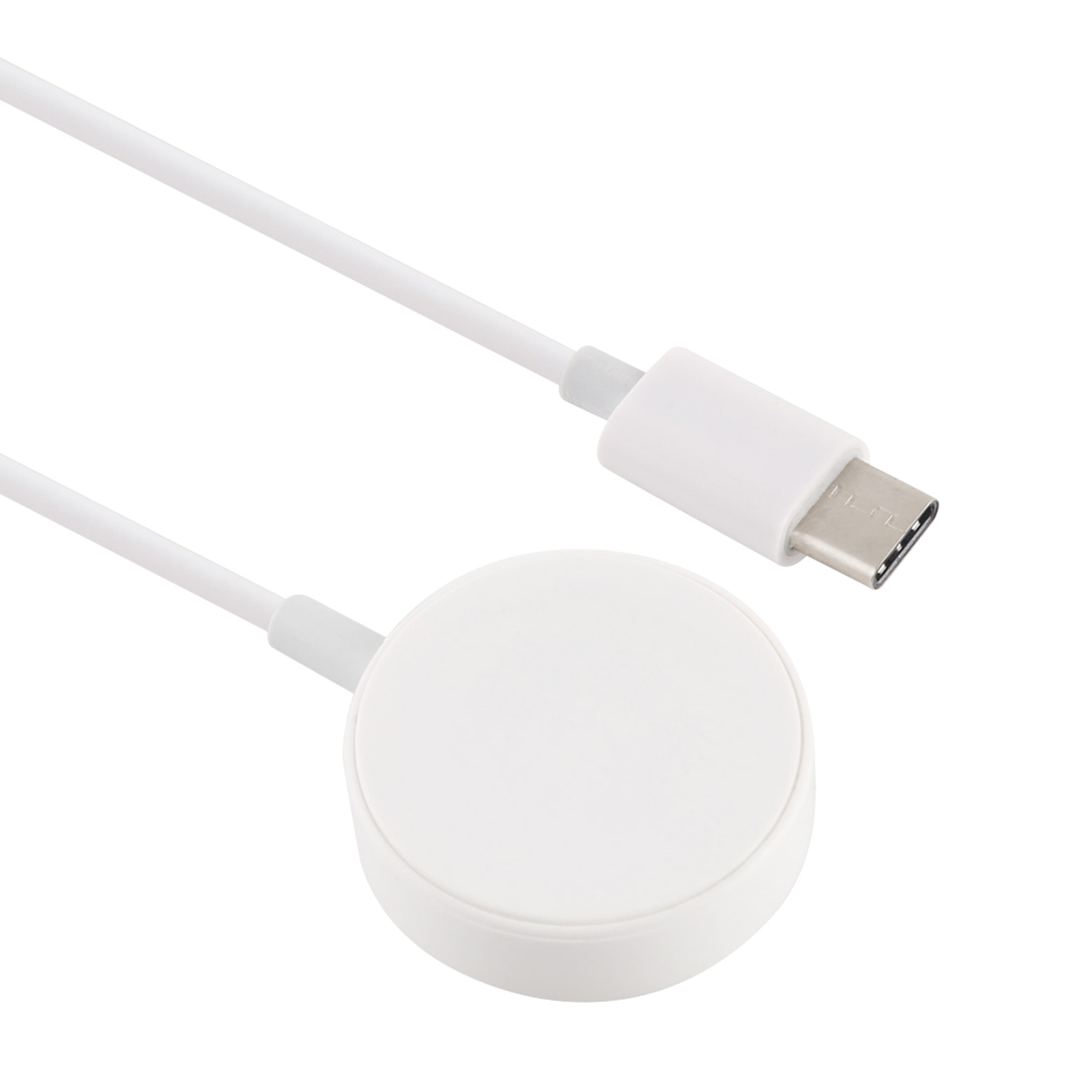Weißes Ladekabel mit rundem Ladepad und USB-C-Anschluss.