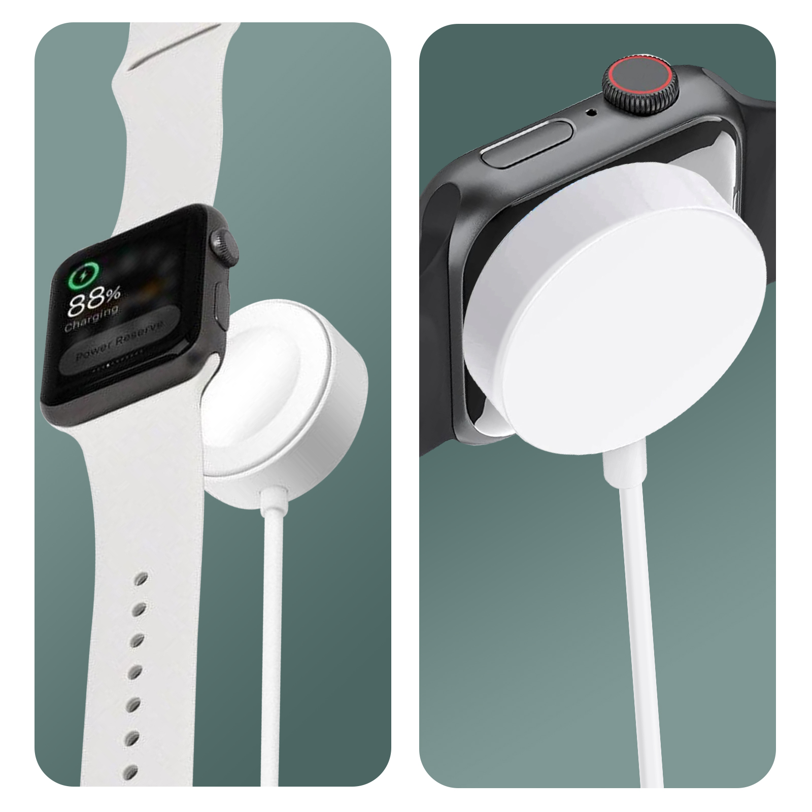 Zwei Bilder einer Smartwatch, die auf ihrem weißen Ladepad geladen wird. Eines zeigt 88% Ladung.