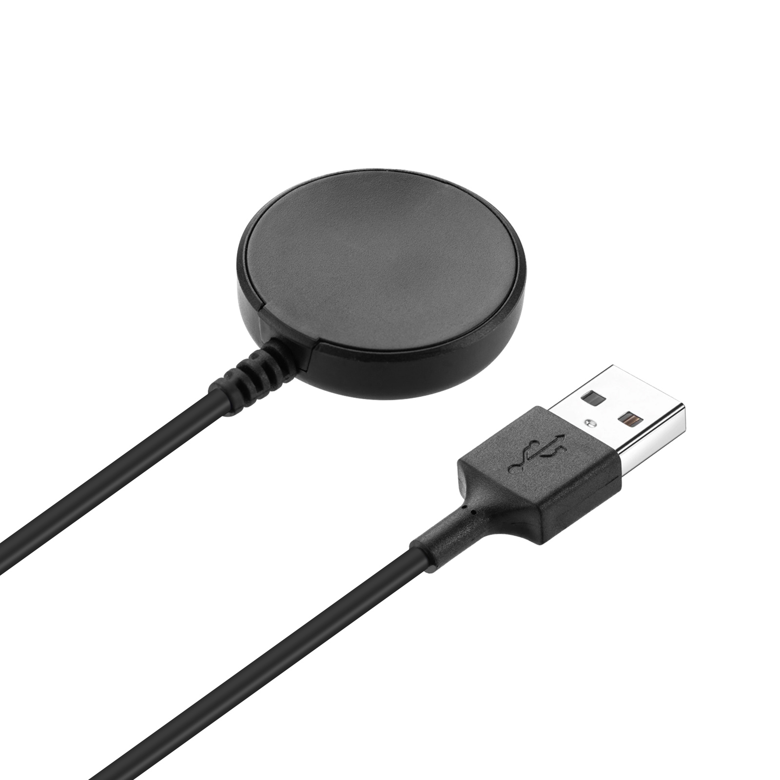 Un cargador inalámbrico negro con cable negro y conector USB sobre blanco.