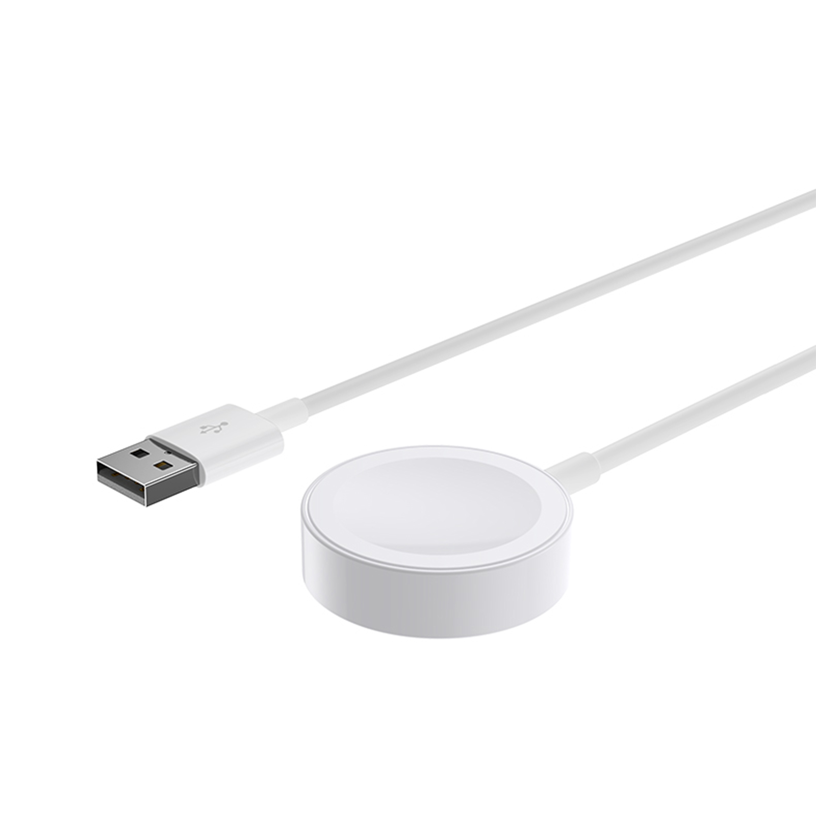 Cable USB blanco con una base de carga redonda. Fondo blanco.