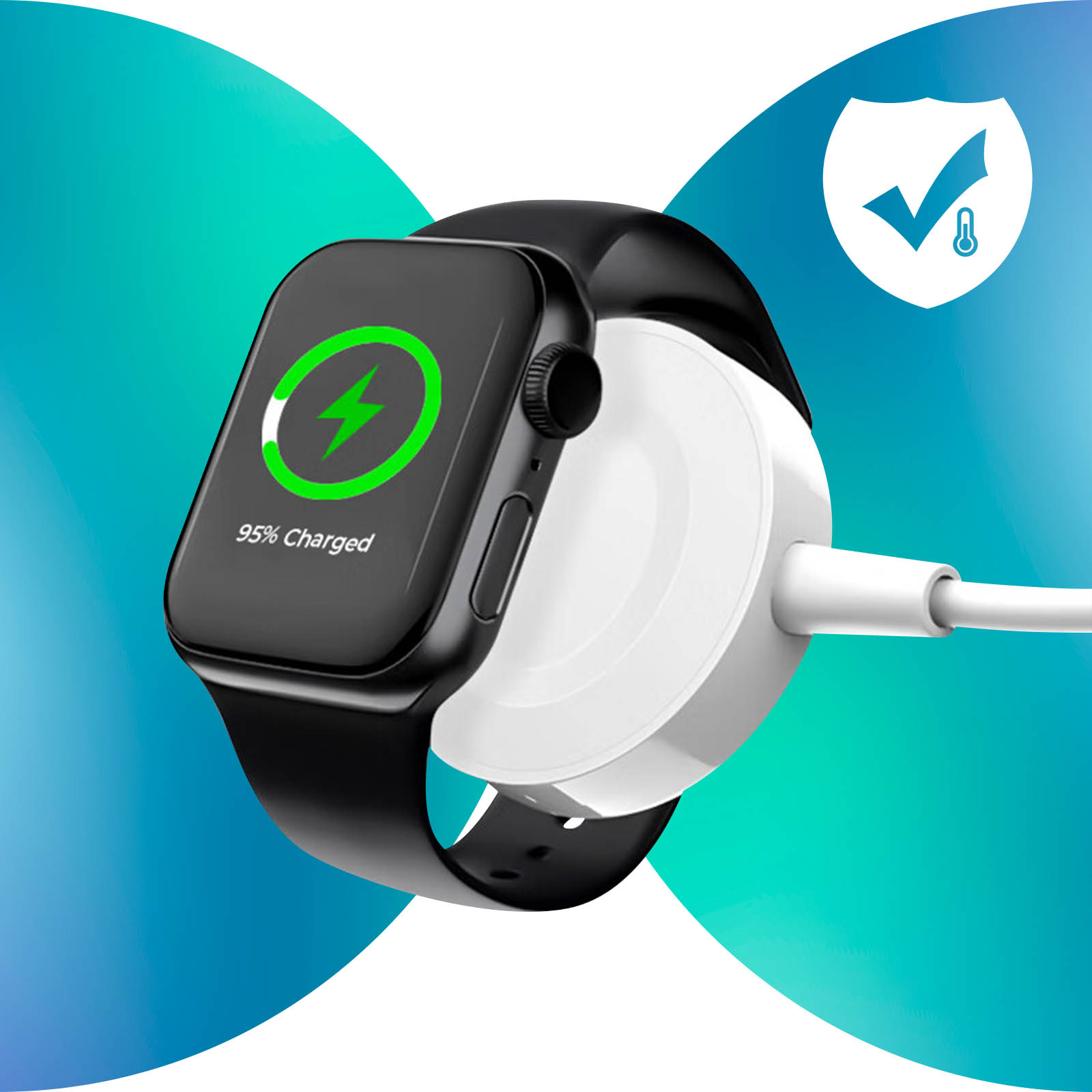 Apple Watch negra cargando en una base blanca, con icono de carga verde.