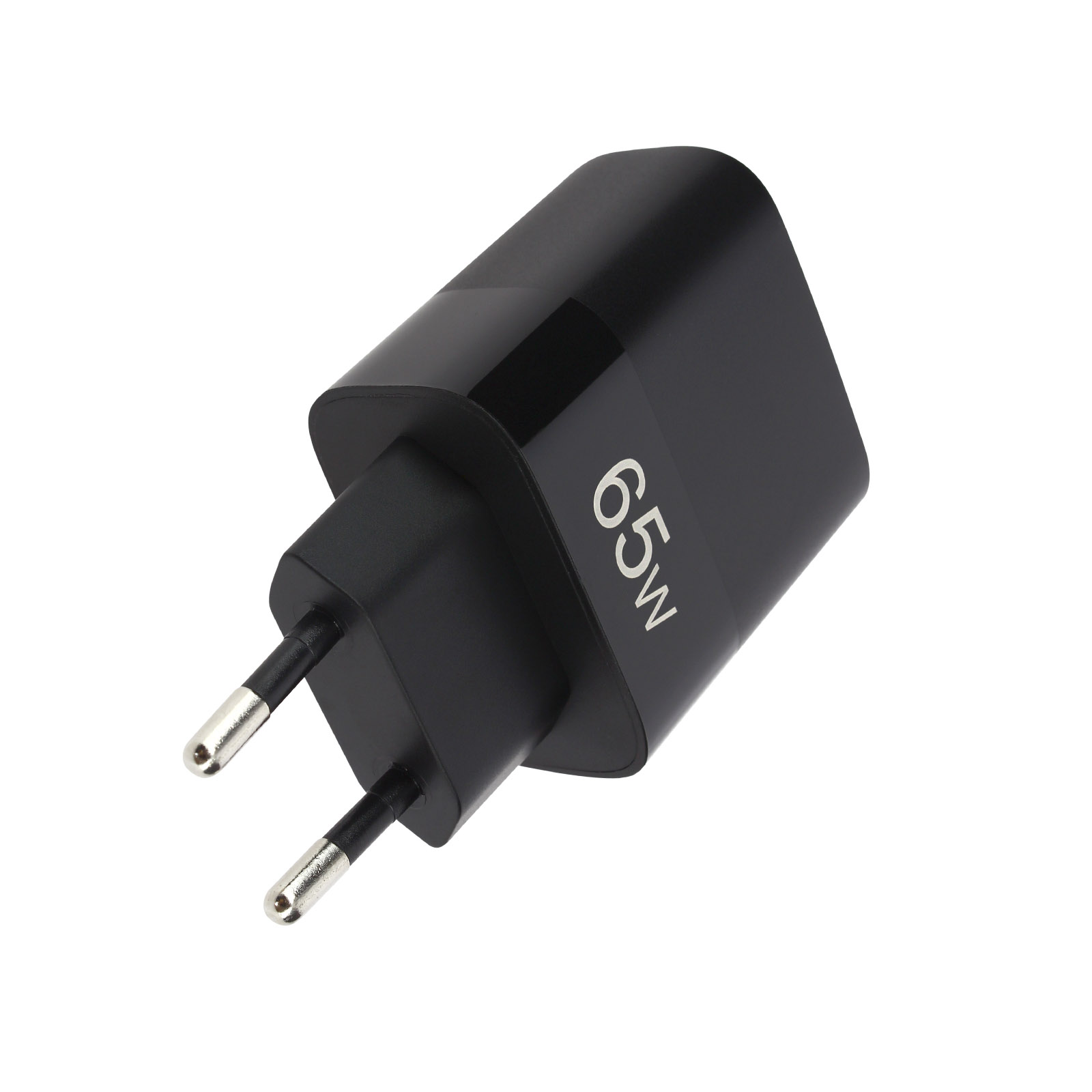 Cargador negro de 65W con dos clavijas, toma en ángulo.