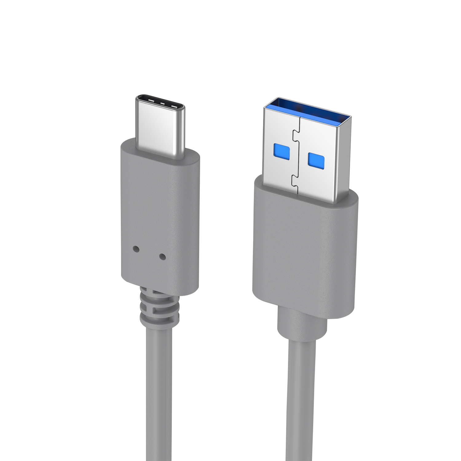 Zwei graue USB-Kabel, eines ist USB-C und das andere USB-A. Sie liegen nebeneinander.