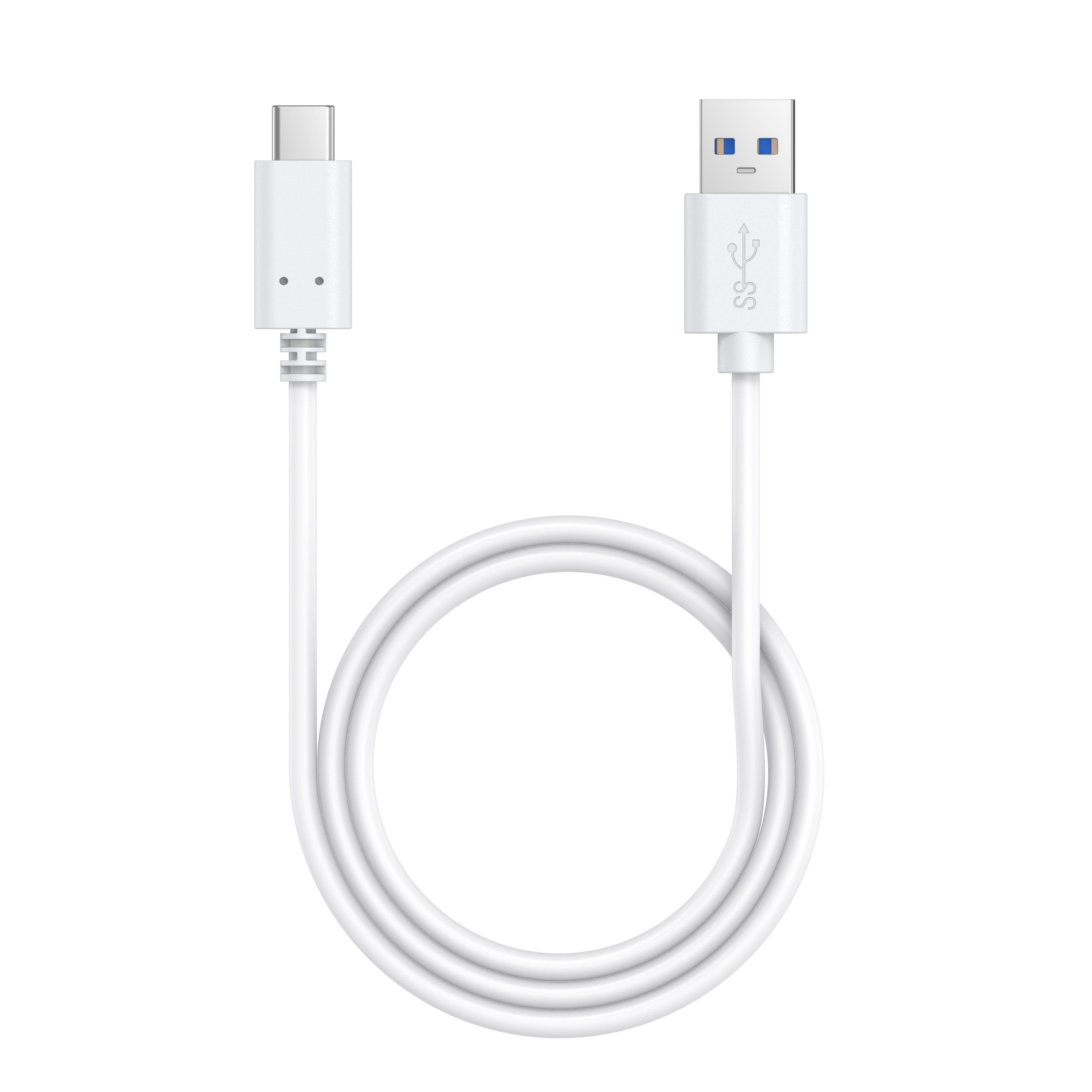 Weißes USB-C-zu-USB-A-Kabel, aufgerollt. Anschlüsse an beiden Enden, vor weißem Hintergrund.