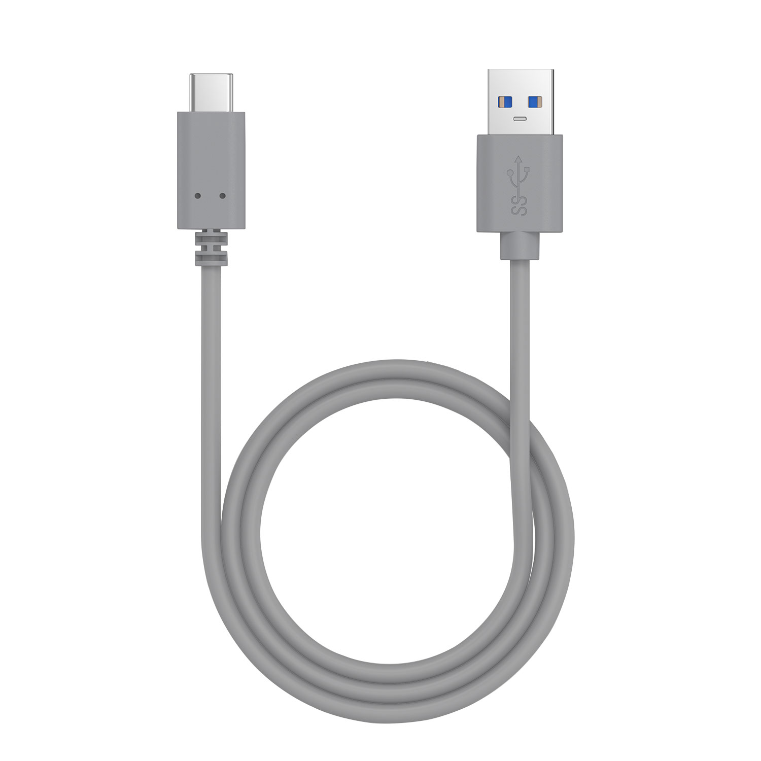 Graues USB-C-zu-USB-A-Kabel, isoliert auf weißem Hintergrund.