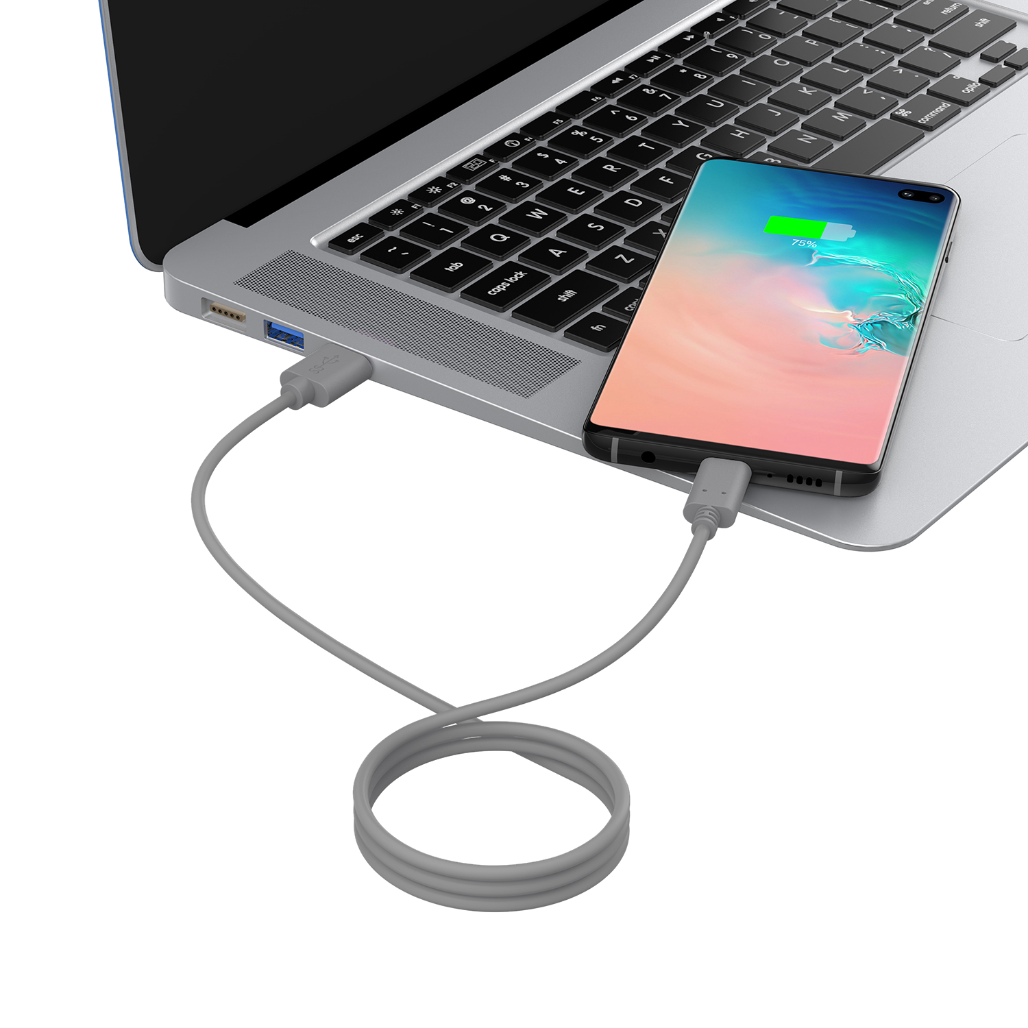 Laptop mit Telefon, verbunden über ein graues Kabel. Telefon zeigt Ladebildschirm.