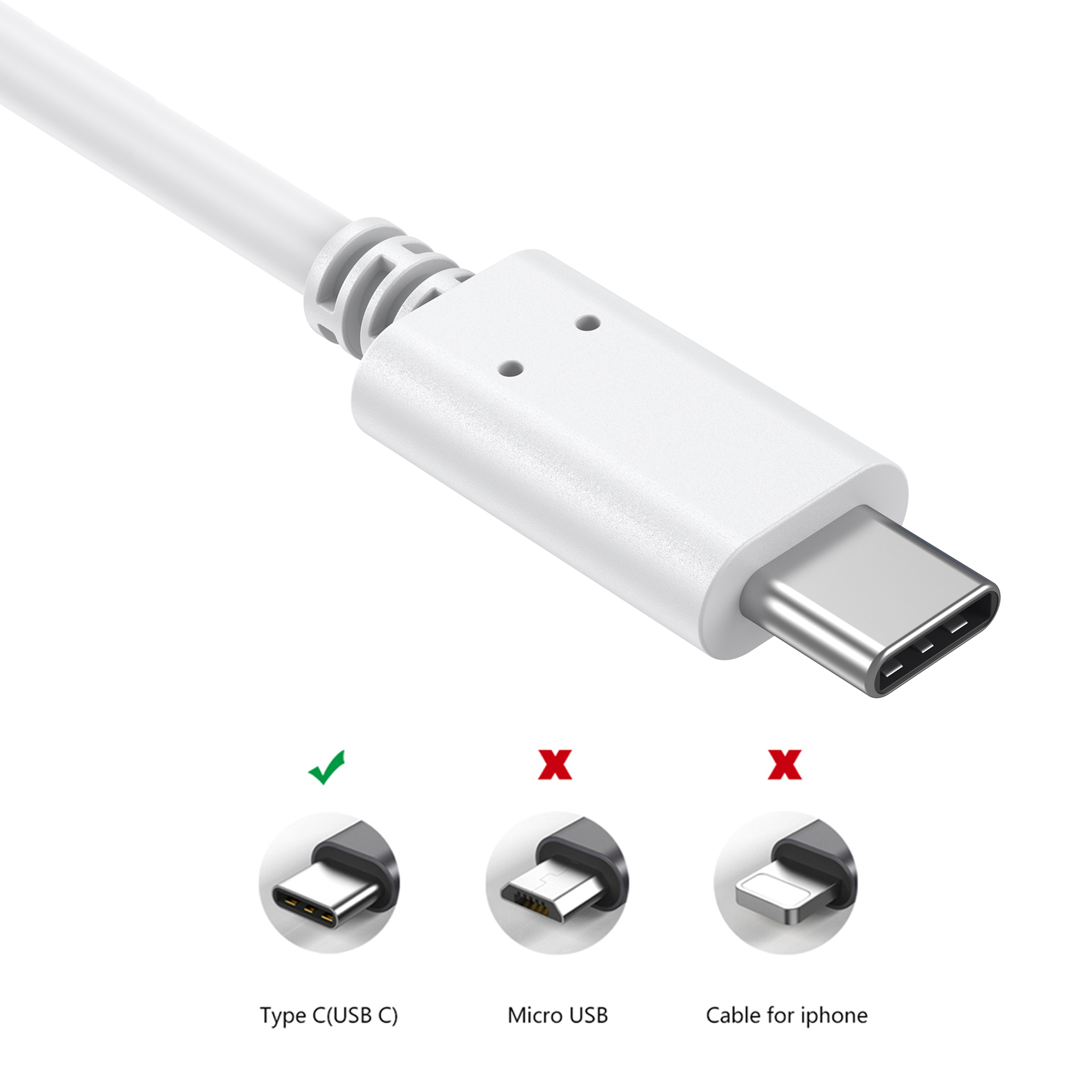 Ein weißes USB-Kabel mit Typ-C- und Micro-USB-Anschlüssen sowie einem für das iPhone.