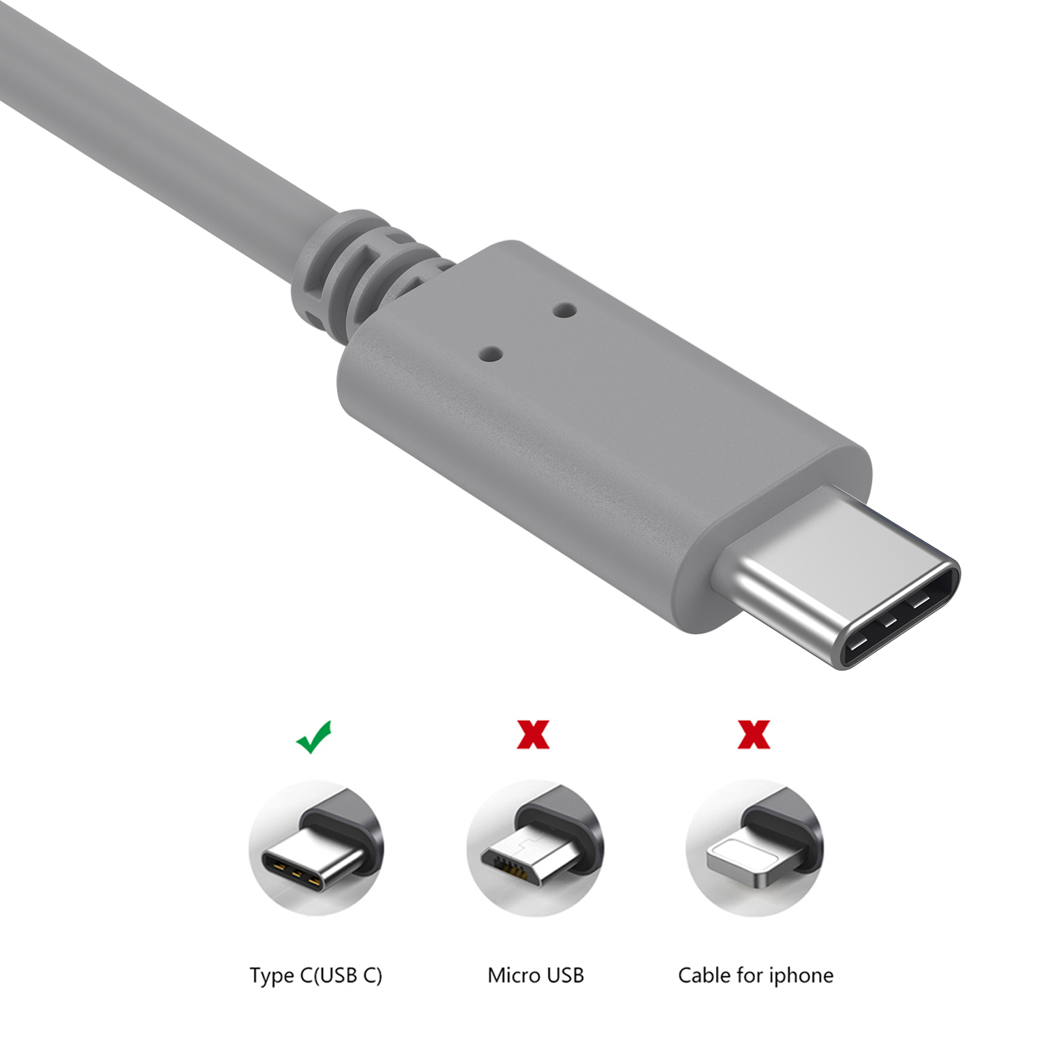 Graues USB-C-Kabel mit Typ-C-, Micro-USB- und iPhone-Kabel-Vergleichen. Weißer Hintergrund.