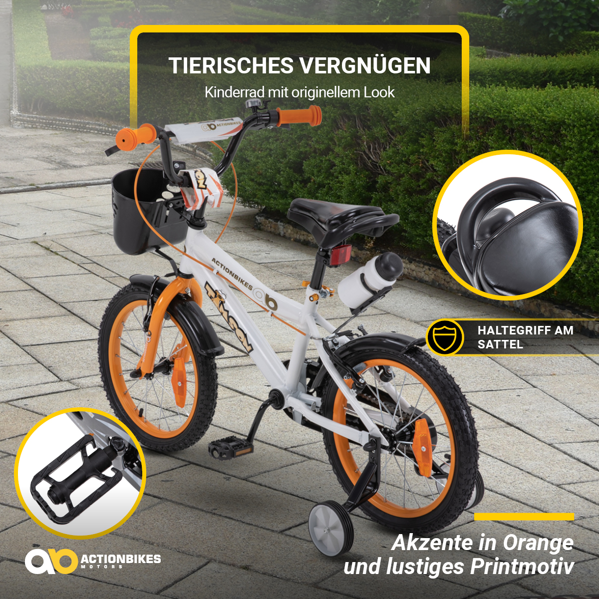 Ein weißes und orangefarbenes Kinderfahrrad. Schwarzer Korb und Reifen. Orangefarbene Akzente.