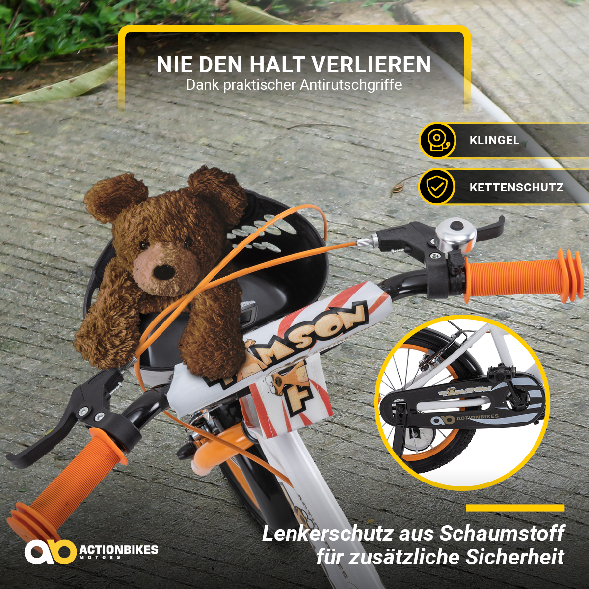 Kinderfahrrad mit orangefarbenen Griffen und Teddybär am Lenker. Text: Anti-Rutsch-Griffe, Klingel usw.