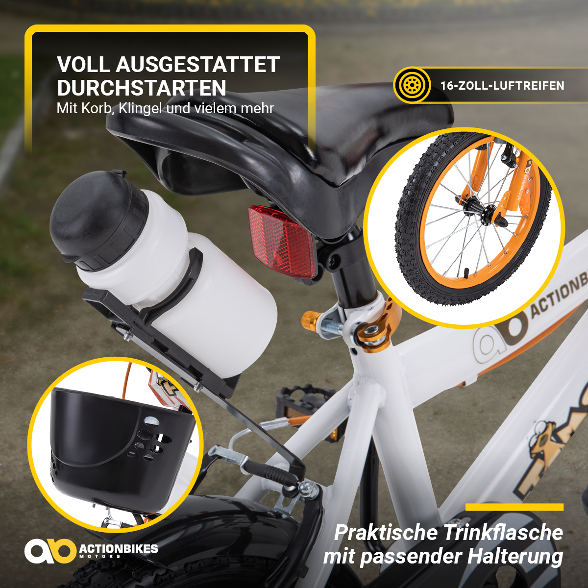 Nahaufnahme eines weiß-orangenen Fahrrads mit Zubehör. Inklusive Korb und Wasserflasche.