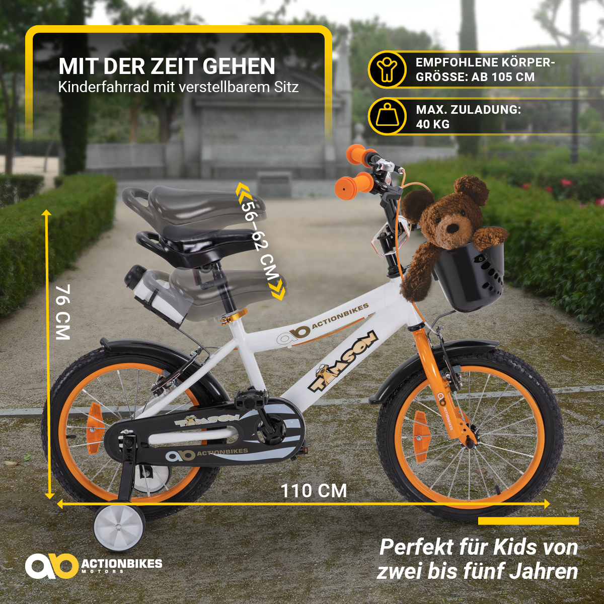 Weißes und oranges Kinderfahrrad mit Teddybär im Korb. Abmessungen werden angezeigt.